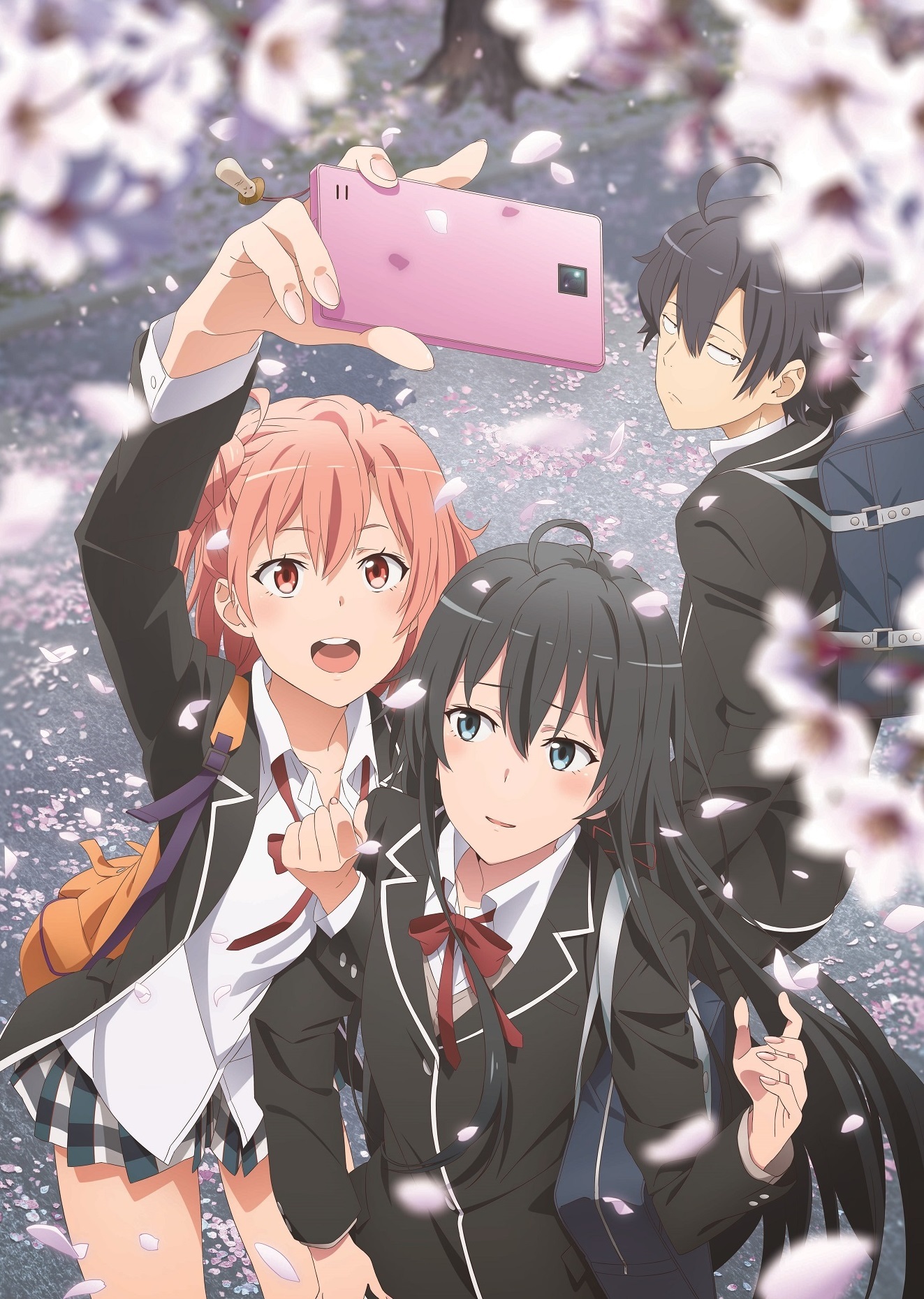 hikigaya hachiman, yuigahama yui, yukinoshita yukino, yahari ore no seishun lovecome wa machigatteiru., highres, key visual, official art, promotional art, 1boy, 2girls, ahoge, backpack, bag, black hair, blue eyes, bow, bowtie, cellphone, charm (object), cherry blossoms, closed mouth, expressionless, fingernails, from above, hair bun, long hair, looking at viewer, medium hair, miniskirt, multiple girls, open mouth, outdoors, parted lips, phone, pink hair, plaid clothes, plaid skirt, pleated skirt, red bow, red bowtie, red eyes, school bag, school uniform, selfie, shirt, skirt, smartphone, smile, sobu high school uniform, teeth, tree, upper teeth only, very long hair, white shirt