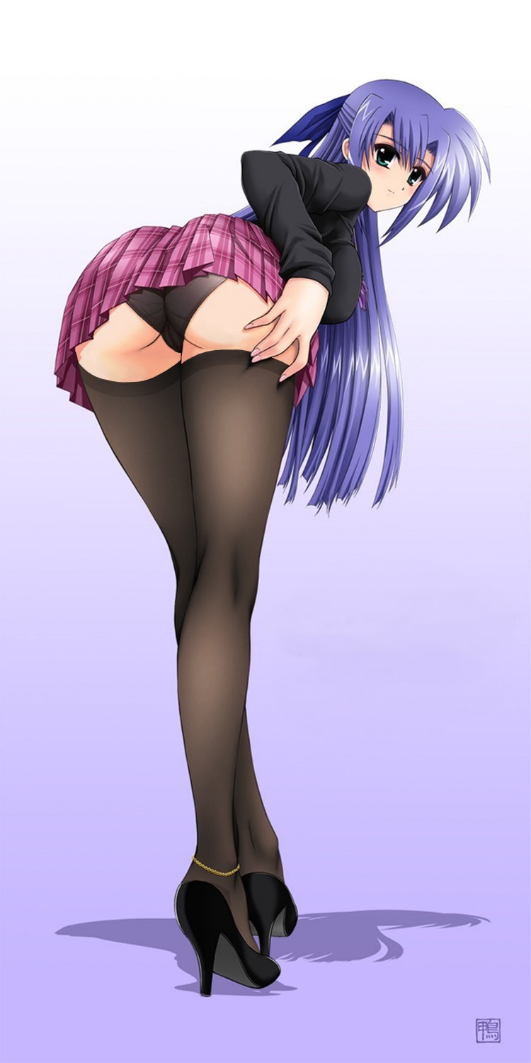 kamogawa tanuki, ginga nakajima, lyrical nanoha, mahou shoujo lyrical nanoha, mahou shoujo lyrical nanoha strikers, highres, non-web source, third-party edit, 00s, 1girl, anklet, ass, bad anatomy, bent over, blue hair, blush, crossed legs, female focus, from behind, green eyes, hair ribbon, high heels, hime cut, jewelry, long hair, long legs, looking back, miniskirt, panties, pantyshot, plaid clothes, plaid skirt, pleated skirt, ribbon, shoes, sidelocks, skirt, smile, solo, standing, thighhighs, underwear, upskirt, watson cross