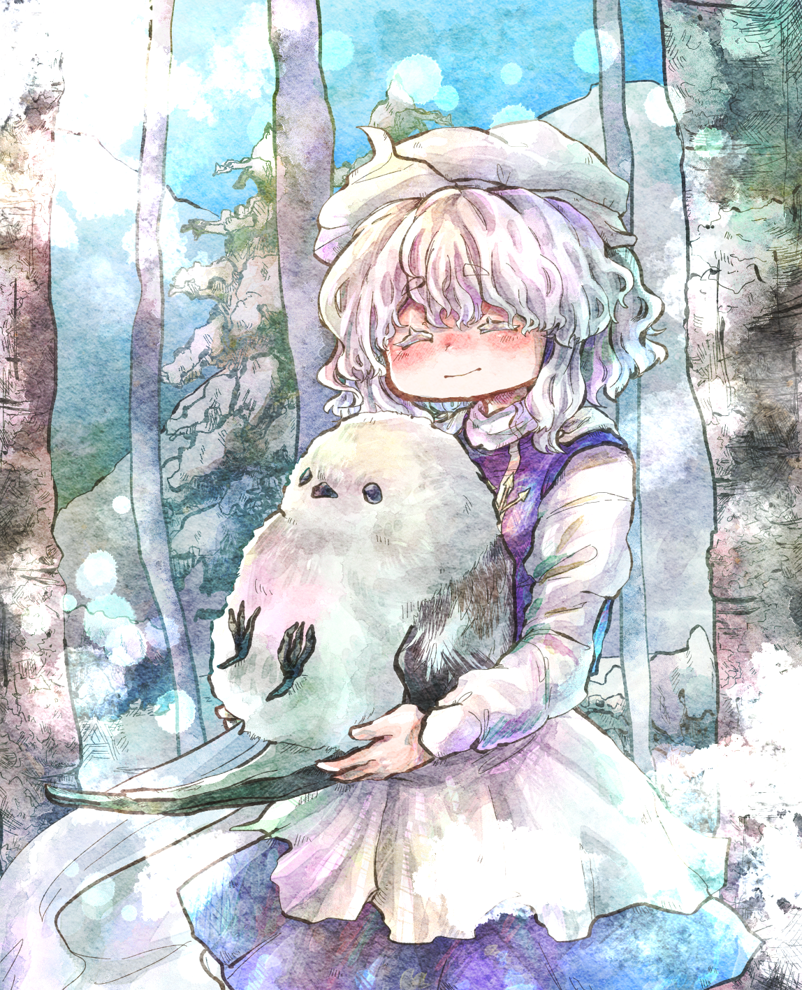 yamano koucha, letty whiterock, touhou, commentary, highres, 1girl, ^ ^, animal, apron, bird, blue skirt, blue sky, blue vest, blush, closed eyes, colored eyelashes, conifer, forest, grey hair, hat, holding, holding animal, long-tailed tit, long sleeves, nature, outdoors, oversized animal, scarf, shirt, short hair, skirt, skirt set, sky, smile, solo, sunlight, tit (bird), tree, vest, waist apron, white apron, white hat, white scarf, white shirt
