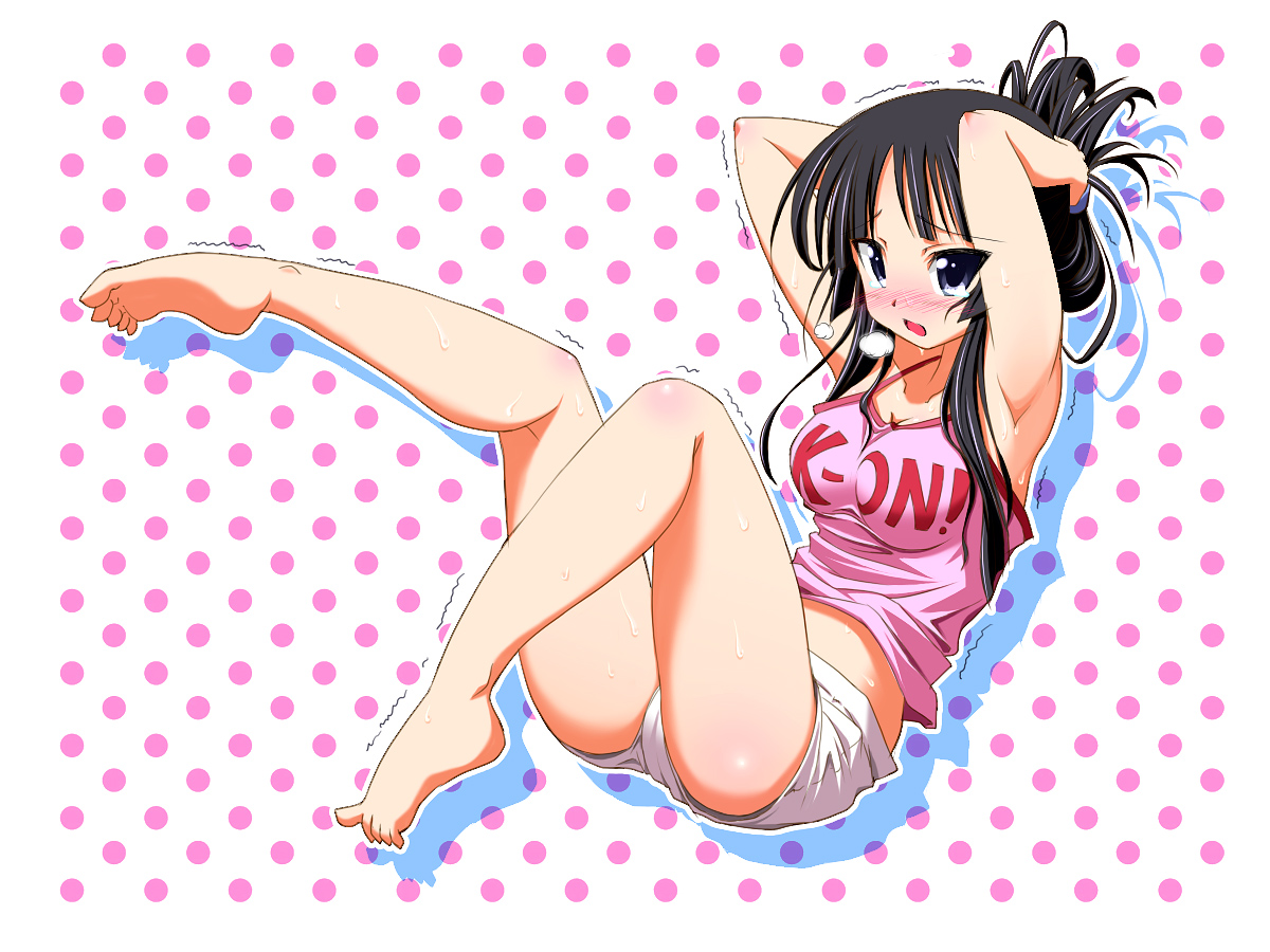 hirorin, nekono matatabi, akiyama mio, issho ni training, k-on!, toe-point, 1girl, armpits, arms behind head, artistic error, barefoot, black hair, blue eyes, blush, breasts, breath, camisole, cosplay, embarrassed, exercising, feet, female focus, full body, legs, parody, polka dot, polka dot background, short shorts, shorts, sit-up, soles, solo, sweat, tears, thighs, toes, trembling