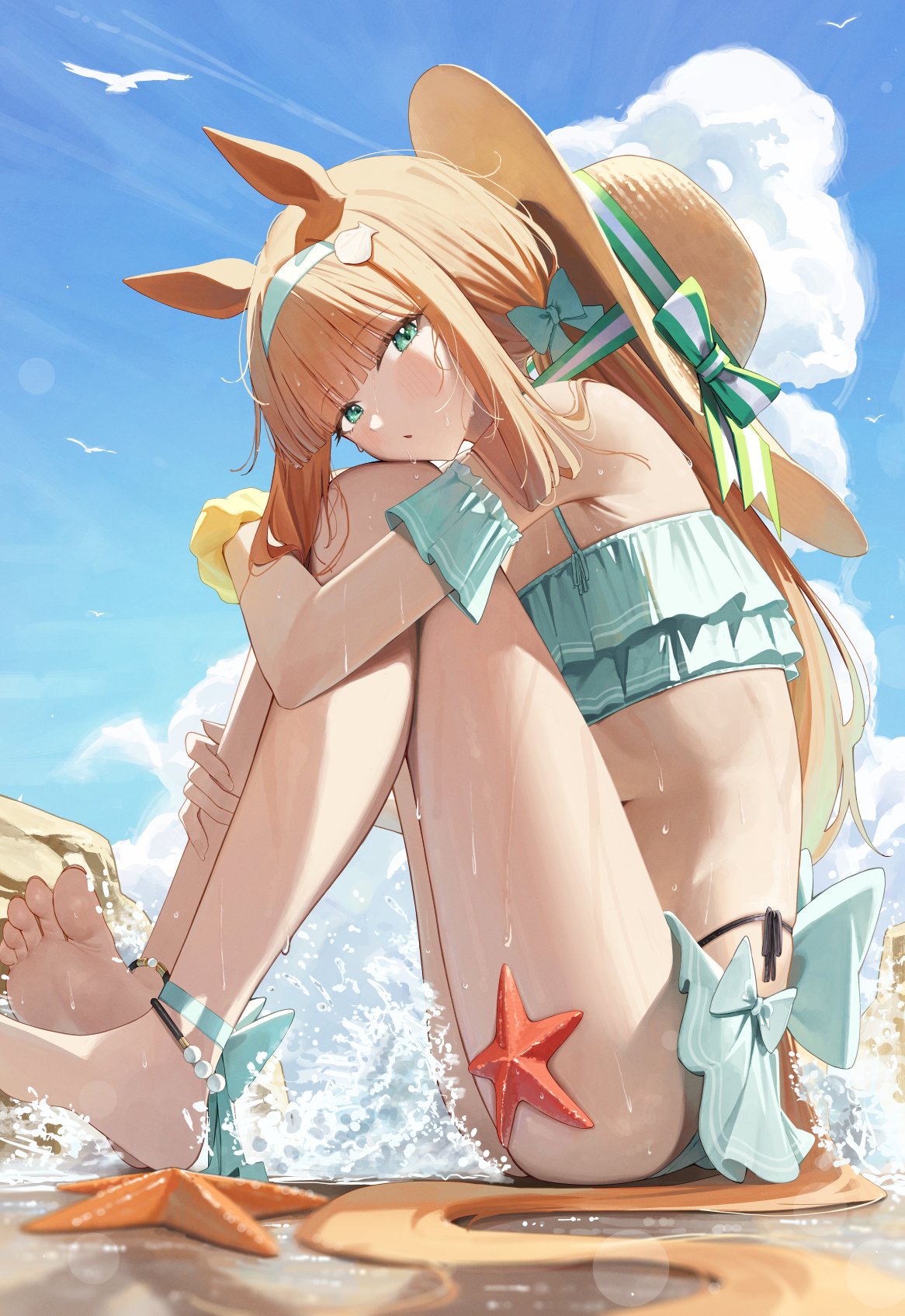 ningen gokko, silence suzuka (umamusume), umamusume, highres, 1girl, :o, animal ears, bare arms, bare legs, bare shoulders, barefoot, bikini, blue bikini, blunt bangs, blush, detached sleeves, from side, green eyes, hairband, hat, hat on back, horse ears, horse girl, horse tail, long hair, looking at viewer, orange hair, ponytail, sidelocks, soles, solo, starfish, sun hat, swimsuit, tail, wet, white hairband