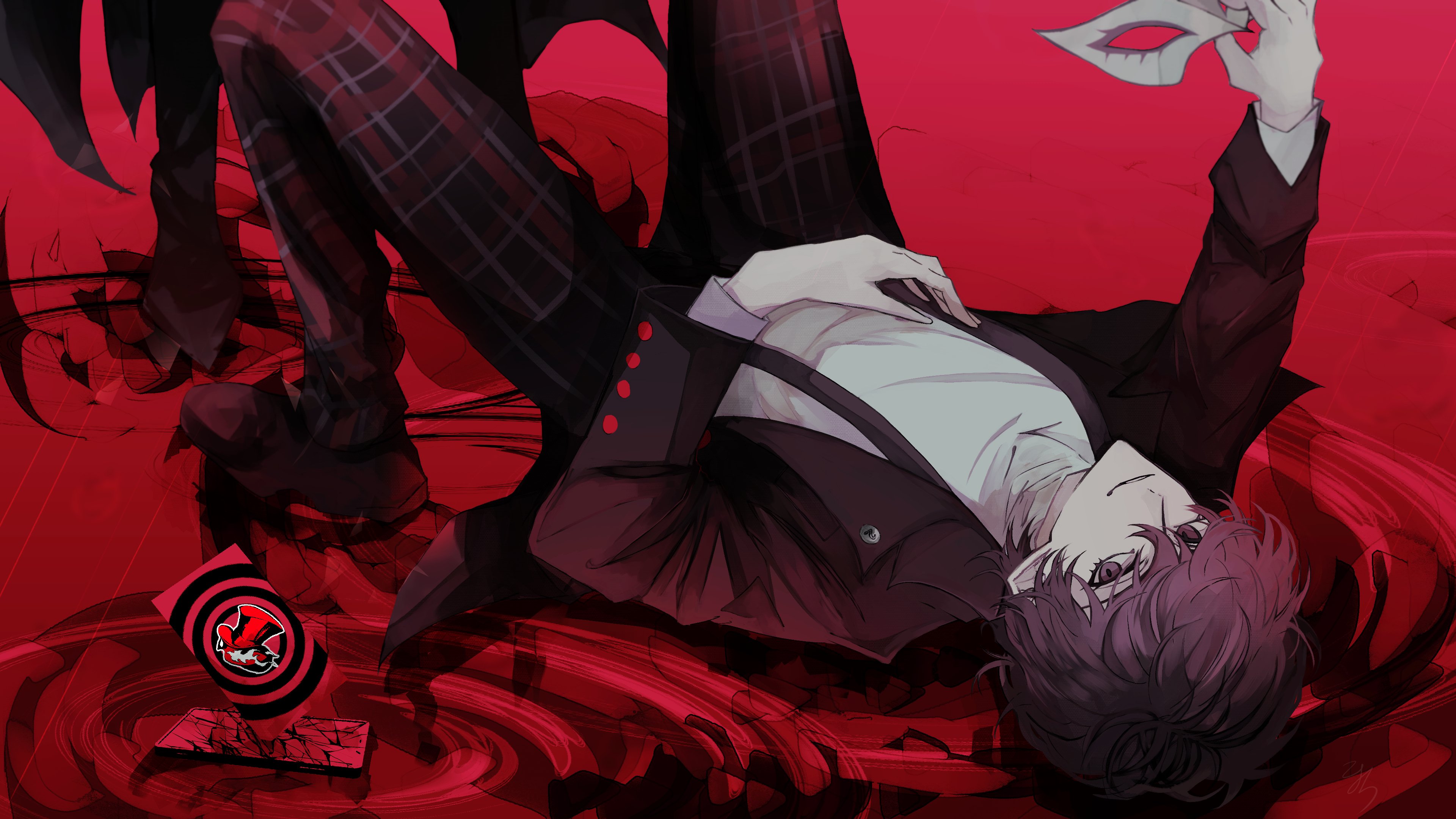 koyochi (koyochi0716), amamiya ren, joker (persona 5), persona, persona 5, absurdres, commentary, hashtag-only commentary, highres, 2boys, black eyes, black hair, black jacket, black pants, black shoes, broken screen, calling card, card, cracked phone, domino mask, dual persona, eye mask, full body, hair between eyes, hand up, holding, holding mask, jacket, knees up, looking at viewer, lying, male focus, mask, multiple boys, on back, open clothes, open jacket, out of frame, pants, phone, plaid clothes, plaid pants, red background, ripples, school uniform, shirt, shoes, short hair, shuujin academy school uniform, solo, turtleneck, turtleneck shirt, white mask, white shirt
