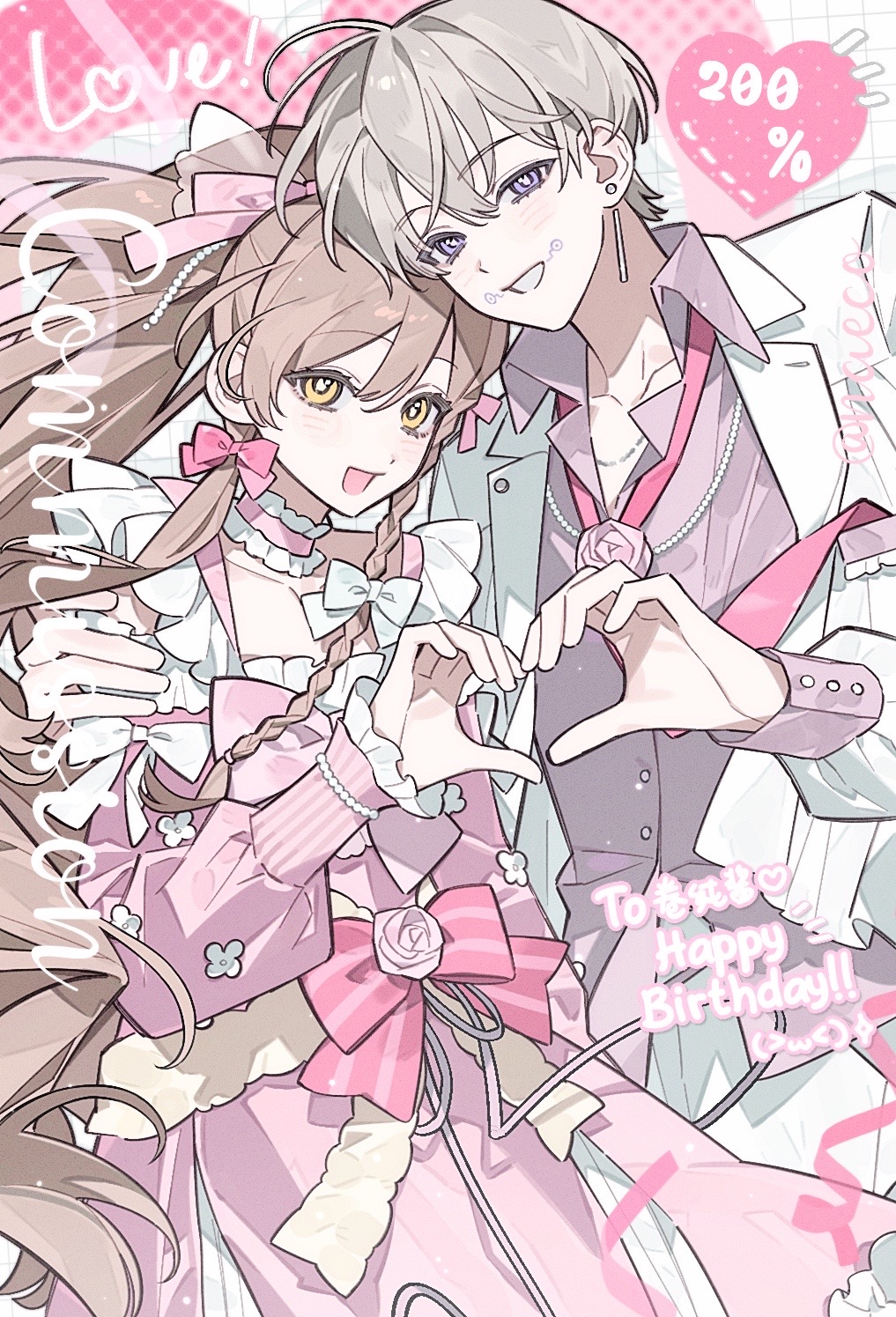 evodtonaeco, original, highres, 1boy, 1girl, bow, braid, brown hair, choker, collared shirt, dress, dress bow, frilled dress, frills, grey hair, hair between eyes, hair bow, heart, heart hands, heart hands duo, hetero, jacket, jewelry, long hair, long sleeves, looking at viewer, necktie, open clothes, open jacket, pants, pink bow, pink necktie, pink shirt, purple eyes, sample watermark, shirt, short hair, single braid, smile, watermark, white jacket, yellow eyes