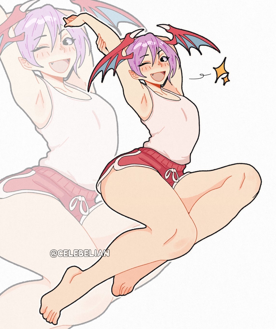 celebelian, lilith (darkstalkers), darkstalkers, commentary, english commentary, highres, 1girl, alternate costume, armpits, arms up, barefoot, black eyes, blush, collarbone, demon girl, demon wings, dolphin shorts, drawstring, fang, hair between eyes, head wings, holding own arm, looking at viewer, one eye closed, open mouth, outline, pointy ears, purple hair, red shorts, short shorts, shorts, simple background, sitting, smile, solo, sparkle, stretching, tank top, twitter username, white background, white outline, white tank top, wings, zoom layer