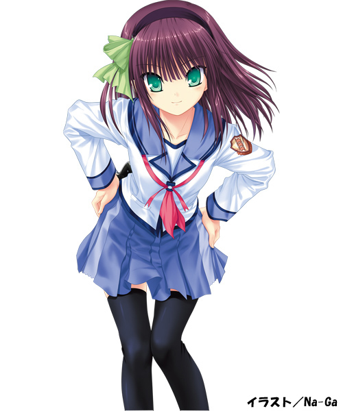 na-ga, nakamura yuri, angel beats!, official art, 10s, 1girl, female focus, green eyes, hair ribbon, hairband, hands on own hips, leaning forward, purple hair, ribbon, school uniform, serafuku, smile, solo, thighhighs