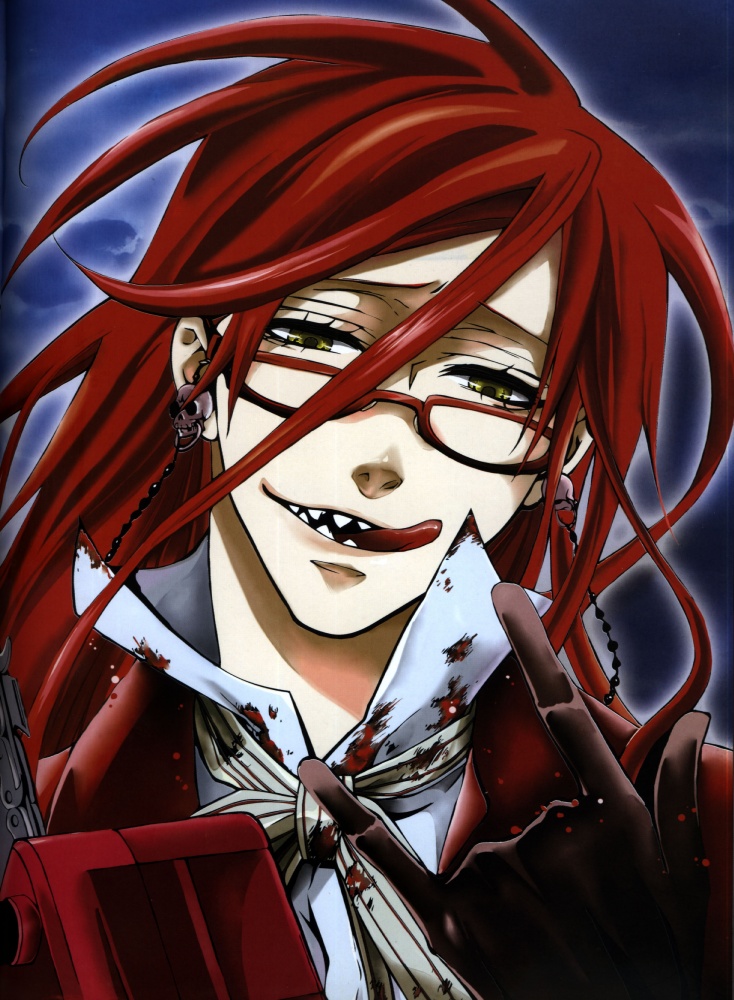 grell sutcliff, kuroshitsuji, 00s, 1boy, blood, bow, coat, dress shirt, glasses, gloves, gradient background, long hair, m/, male focus, red hair, sharp teeth, shinigami, shirt, solo, teeth, tongue, trench coat, yellow eyes