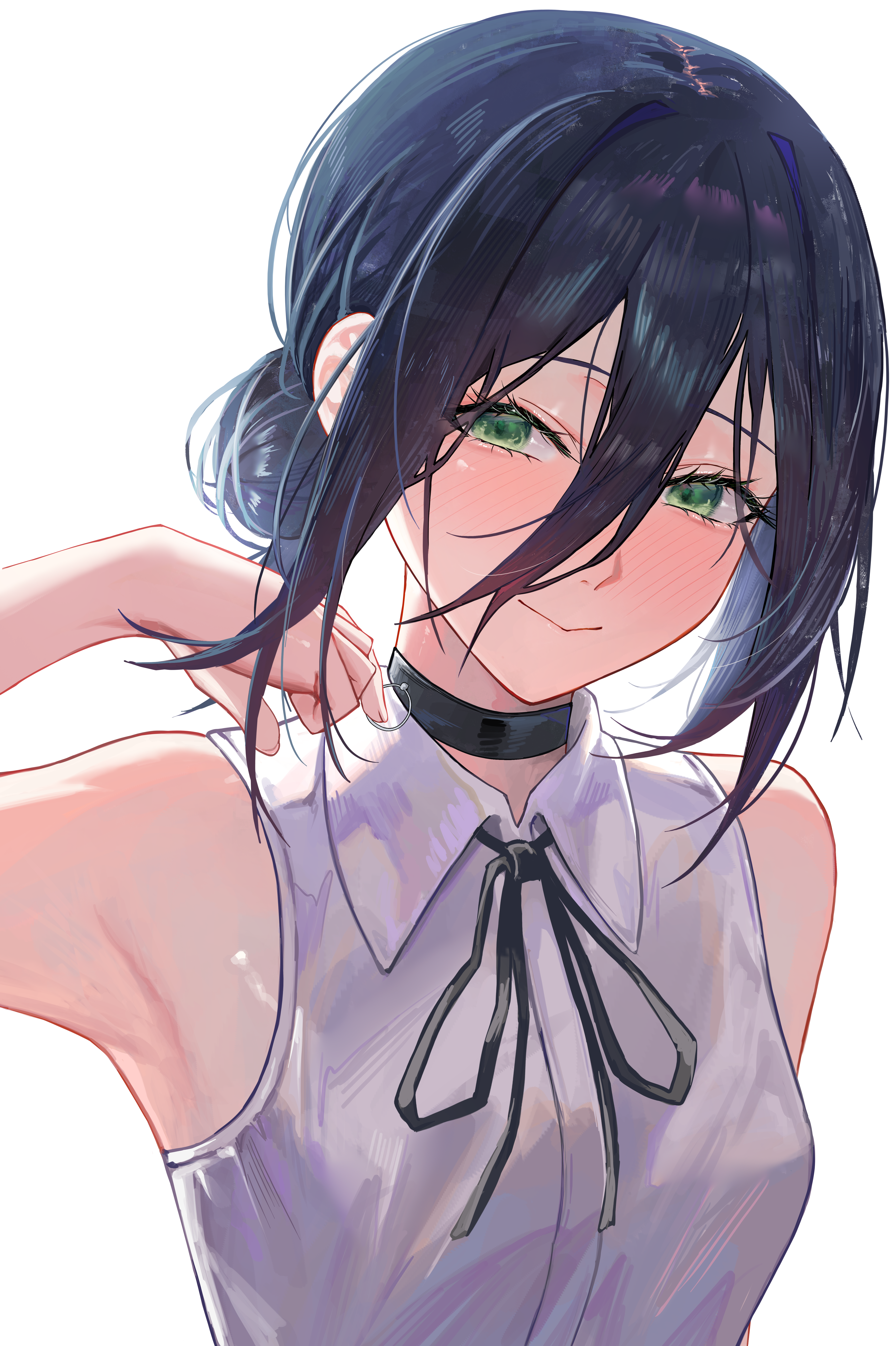 kaze 22, reze (chainsaw man), chainsaw man, absurdres, commentary request, highres, korean commentary, 1girl, armpits, black choker, black hair, black ribbon, breasts, choker, green eyes, hair between eyes, hair bun, looking at viewer, neck ribbon, ribbon, shirt, simple background, sleeveless, sleeveless shirt, small breasts, smile, solo, upper body, white background, white shirt