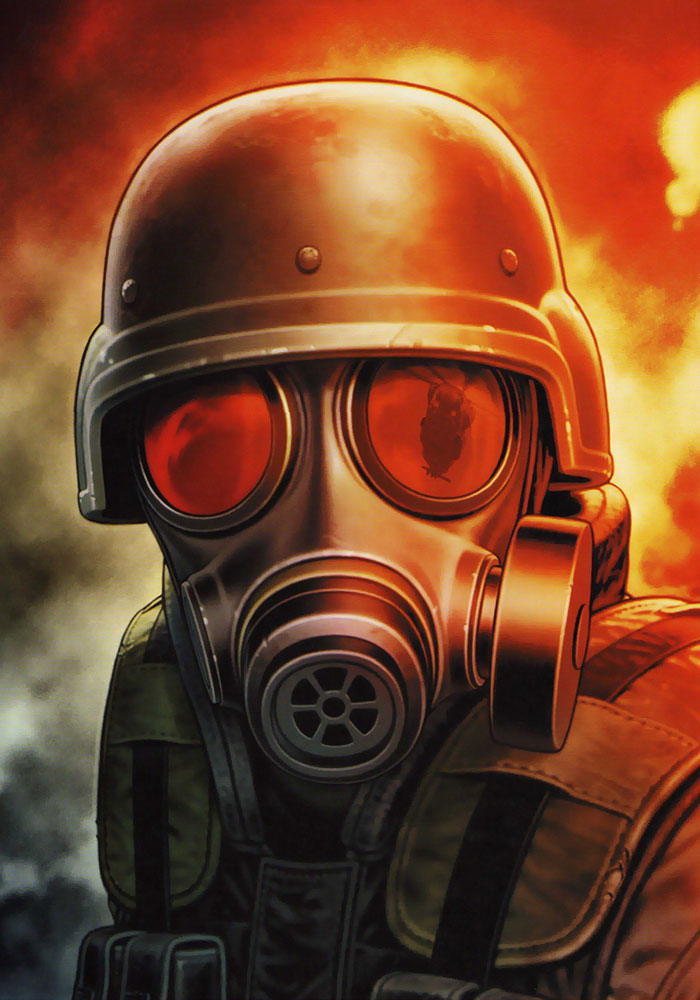 mori toshiaki, hunk (resident evil), capcom, resident evil, official art, 1boy, aircraft, gas mask, helicopter, helmet, male focus, mask, reflection, solo