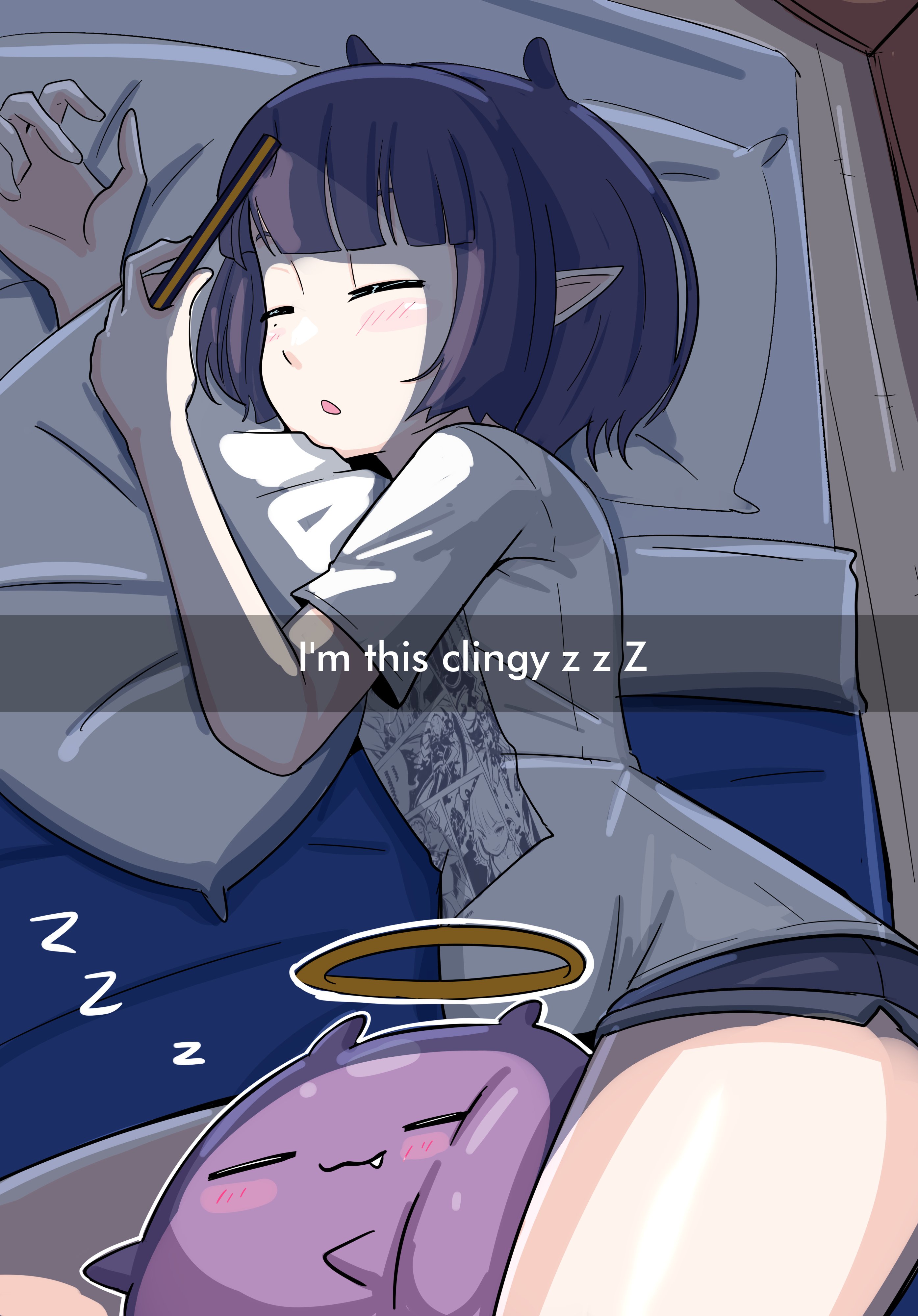 shadowsky exe, ninomae ina'nis, takodachi (ninomae ina'nis), hololive, hololive english, absurdres, highres, 1girl, bed sheet, blunt bangs, gradient hair, halo, i'm this clingy (meme), long hair, meme, multicolored hair, orange hair, pillow, pointy ears, purple hair, shirt, shorts, sidelocks, sleeping, t-shirt, tentacle hair, virtual youtuber