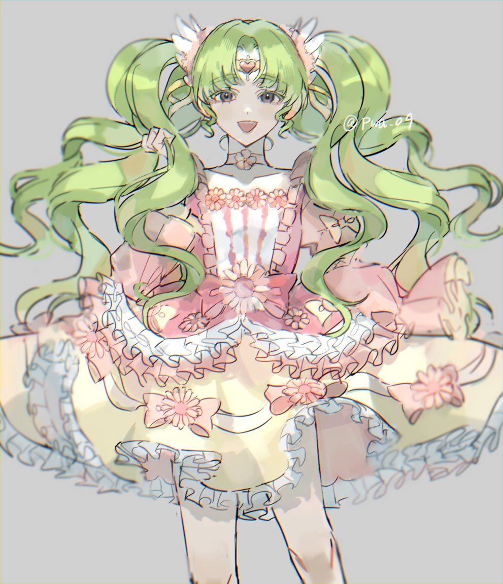 falulu, falulu (awakened), pretty series, pripara, commentary request, 1girl, :d, a (won myon), dress, feet out of frame, forehead jewel, frilled dress, frills, green hair, grey background, grey eyes, hair ornament, idol clothes, long hair, looking at viewer, open mouth, parted bangs, pink dress, simple background, smile, solo, standing, twintails, wing hair ornament