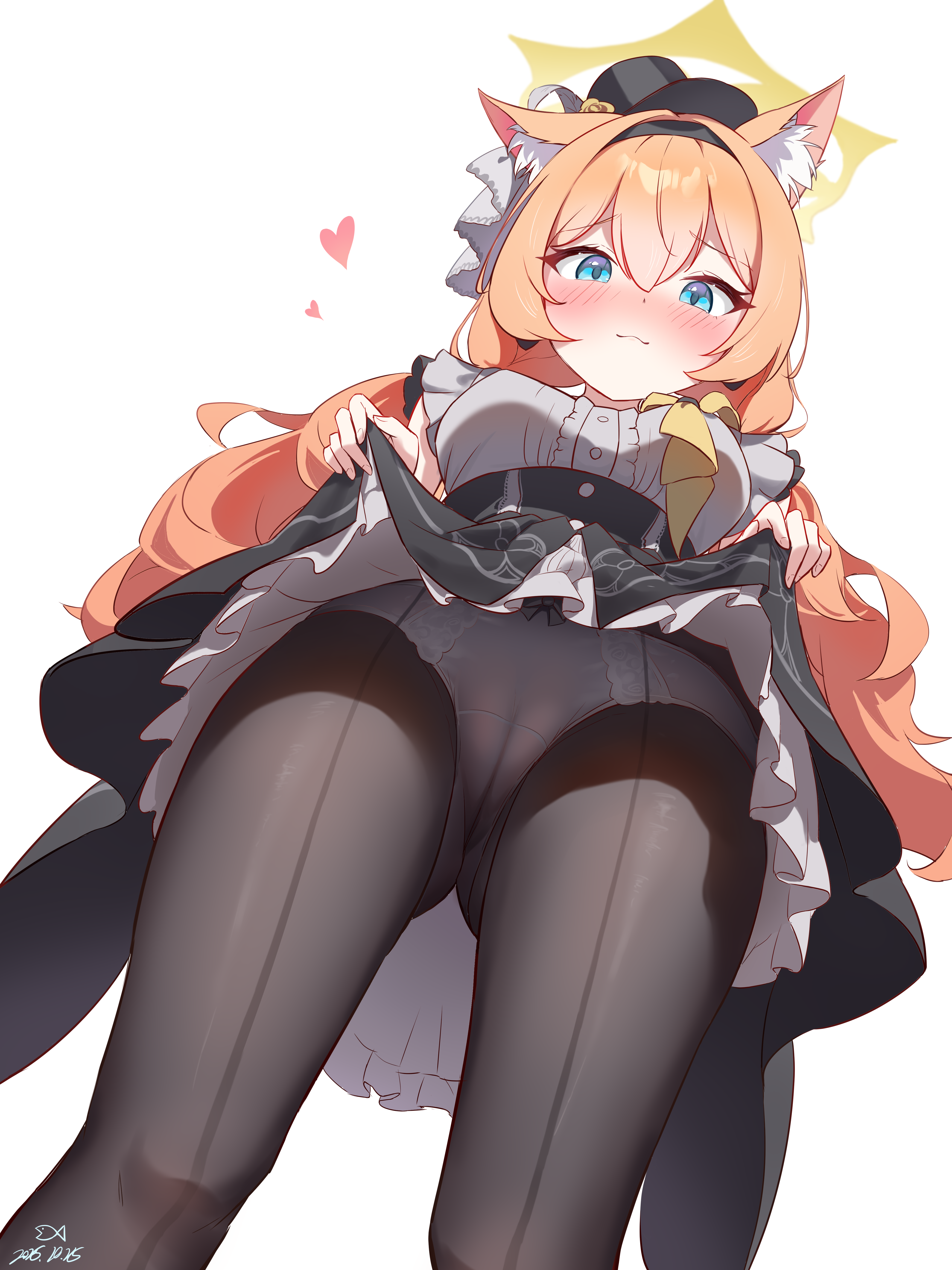 sanwenyu juan bing, mari (blue archive), mari (idol) (blue archive), blue archive, absurdres, highres, 1girl, :3, animal ear fluff, animal ears, black hairband, black hat, black pantyhose, black skirt, blue eyes, blush, cameltoe, cat ears, cat girl, closed mouth, clothes lift, from below, grey shirt, hairband, halo, hat, high-waist skirt, long hair, looking at viewer, official alternate costume, orange hair, panties, panties under pantyhose, pantyhose, shirt, sidelocks, skirt, skirt lift, sleeveless, sleeveless shirt, smile, underwear, very long hair, white panties, yellow halo