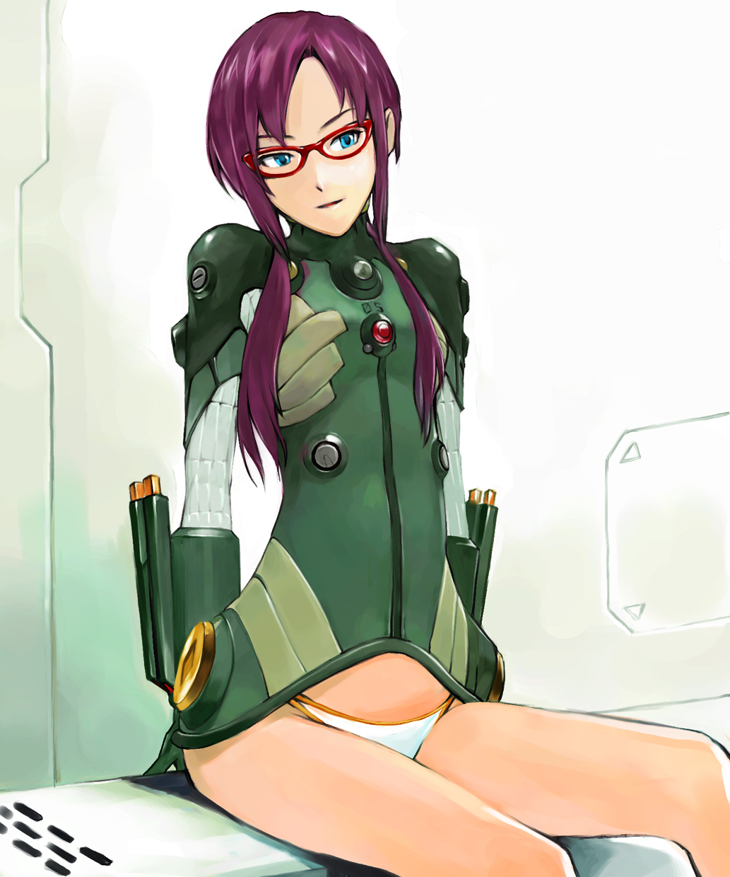 kiyohisa, makinami mari illustrious, neon genesis evangelion, rebuild of evangelion, highres, 00s, 1girl, blue eyes, bodysuit, female focus, glasses, long hair, mecha pilot suit, no pants, panties, plugsuit (evangelion), purple hair, sitting, solo, twintails, underwear