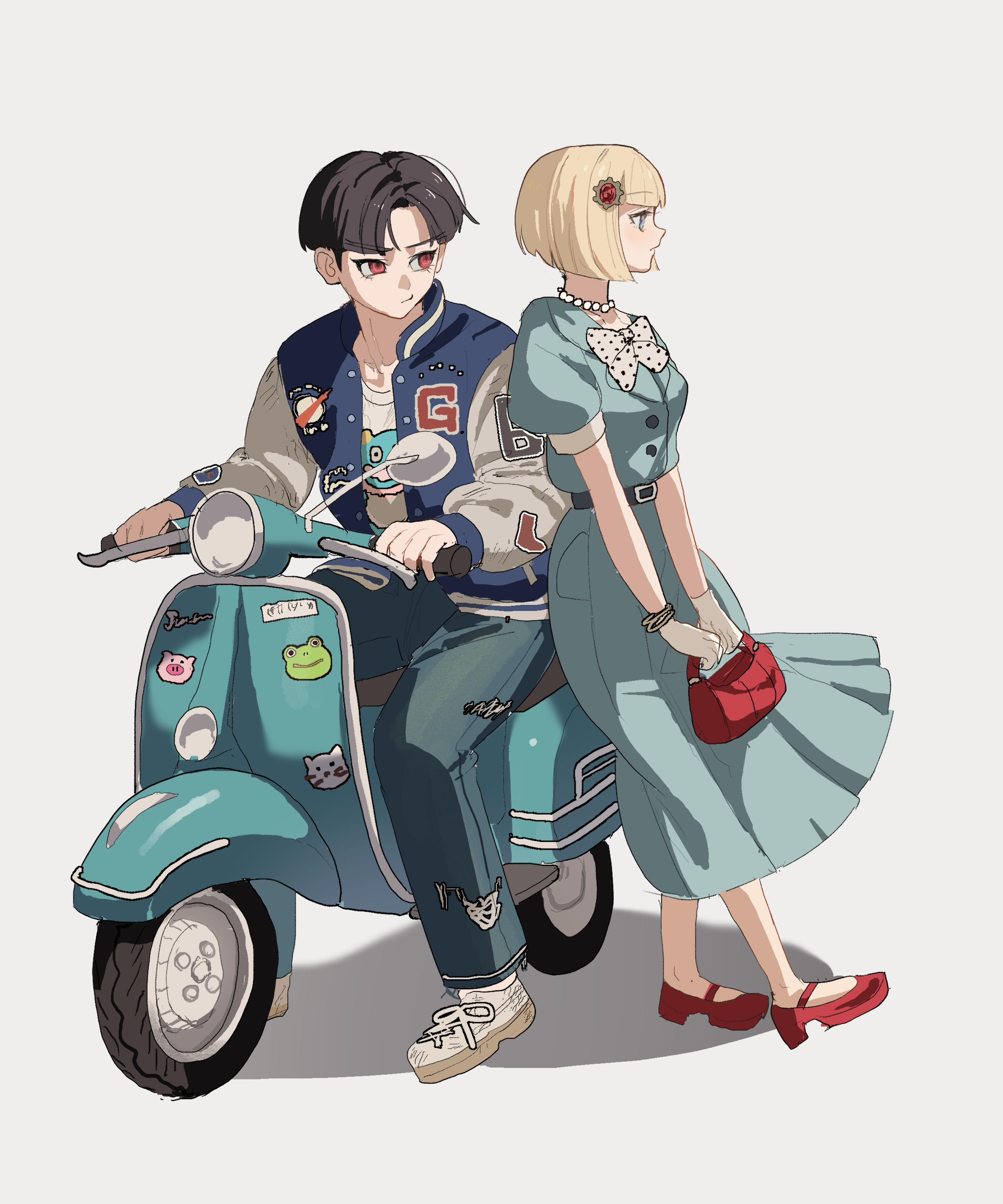 pakimoti, maruko gaku, oosuzuki kurara, the hundred line -last defense academy-, absurdres, commentary, highres, symbol-only commentary, 1boy, 1girl, alternate costume, animal sticker, bag, black hair, blonde hair, blue dress, blue eyes, blue jacket, bow, bracelet, denim, dress, gem, gem hair ornament, gloves, hair ornament, handbag, jacket, jeans, jewelry, leaning back, leaning on person, letterman jacket, looking ahead, looking to the side, motor vehicle, motorcycle, multicolored jacket, necklace, on motorcycle, pants, pearl necklace, puffy short sleeves, puffy sleeves, red bag, red eyes, red gemstone, red shoes, shirt, shoes, short hair, short sleeves, simple background, sitting, sticker, two-tone jacket, white background, white bow, white gloves, white jacket, white shirt, white shoes