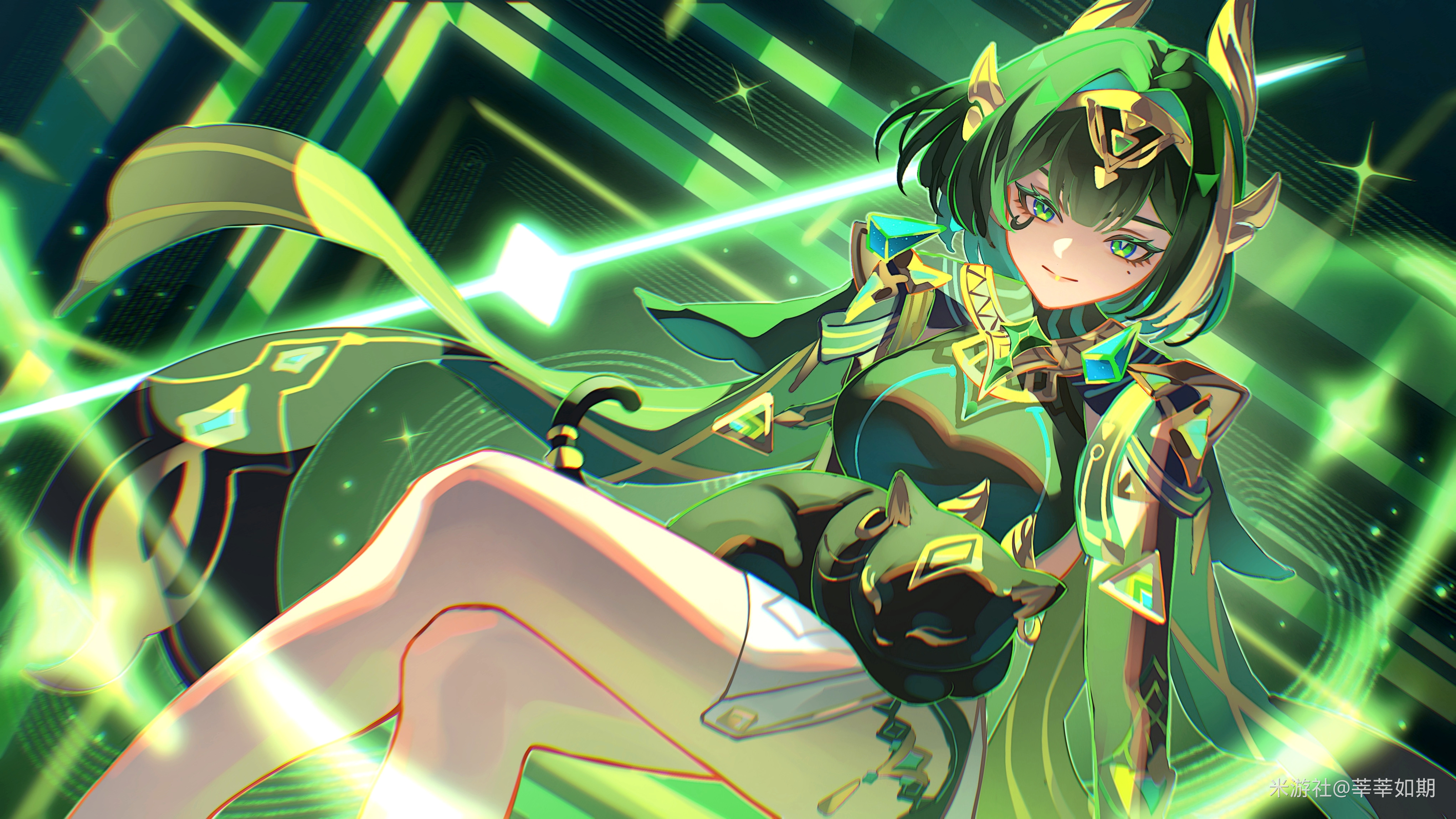shen shen ruqi, nefer (genshin impact), genshin impact, absurdres, commentary request, highres, 1girl, animal, animal on lap, ashru (genshin impact), black cat, breasts, cape, cat, closed mouth, crossed legs, dutch angle, eye tattoo, feet out of frame, green cape, green eyes, green hair, large breasts, looking at viewer, mark under eye, mole, mole under eye, on lap, short hair, sitting, solo, tattoo, usekh collar