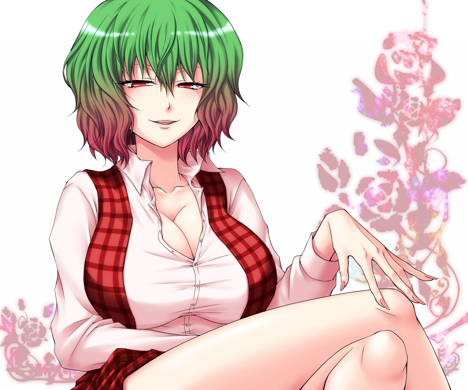 mokku, kazami yuuka, touhou, highres, 1girl, ascot, breasts, cleavage, crossed legs, female focus, gradient hair, green hair, half-closed eyes, huge breasts, legs, multicolored hair, nail polish, naughty face, pink nails, plaid clothes, plaid skirt, plaid vest, red eyes, short hair, sitting, skirt, skirt set, solo, vest