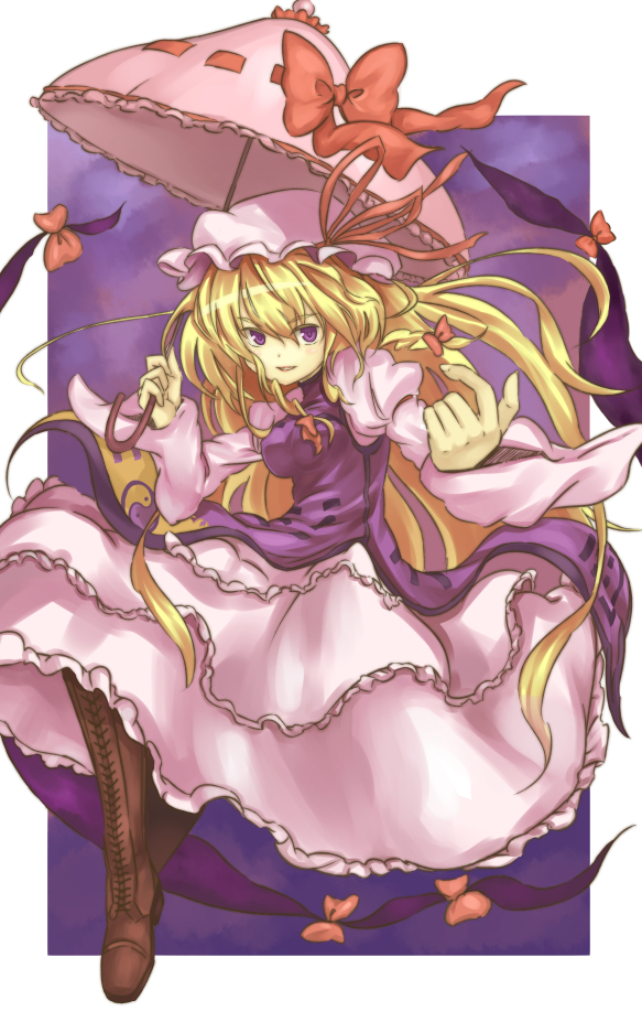nidoro, nidoruhou, yakumo yukari, touhou, bad id, bad pixiv id, 1girl, blonde hair, boots, breasts, dress, female focus, full body, gap (touhou), gradient background, hair ribbon, hat, long hair, purple eyes, ribbon, solo, umbrella