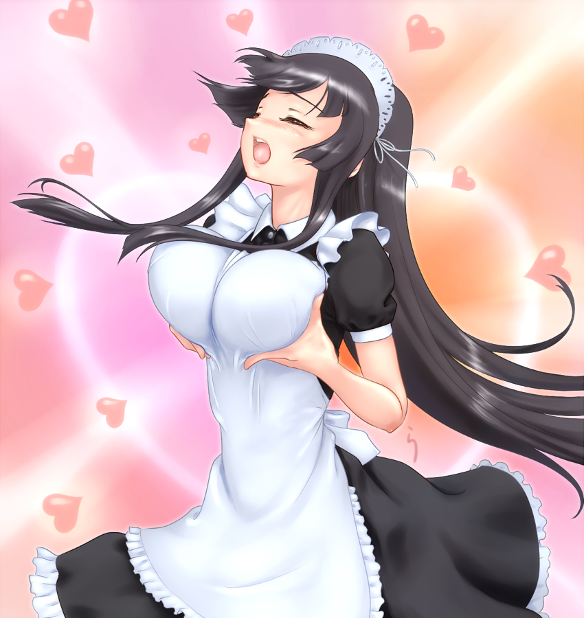 rasukaru, akiyama mio, k-on!, 1girl, alternate costume, black hair, blush, breast lift, breasts, closed eyes, enmaided, female focus, heart, large breasts, maid, maid headdress, moe moe kyun!, open mouth, parody, solo