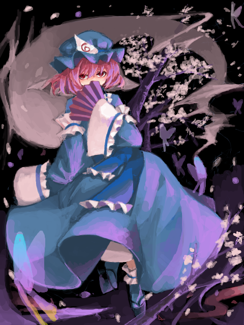 shion (mamuring), shionty, saigyouji yuyuko, touhou, bad id, bad pixiv id, 1girl, cherry blossoms, female focus, folding fan, ghost, hand fan, hat, pink hair, red eyes, short hair, solo