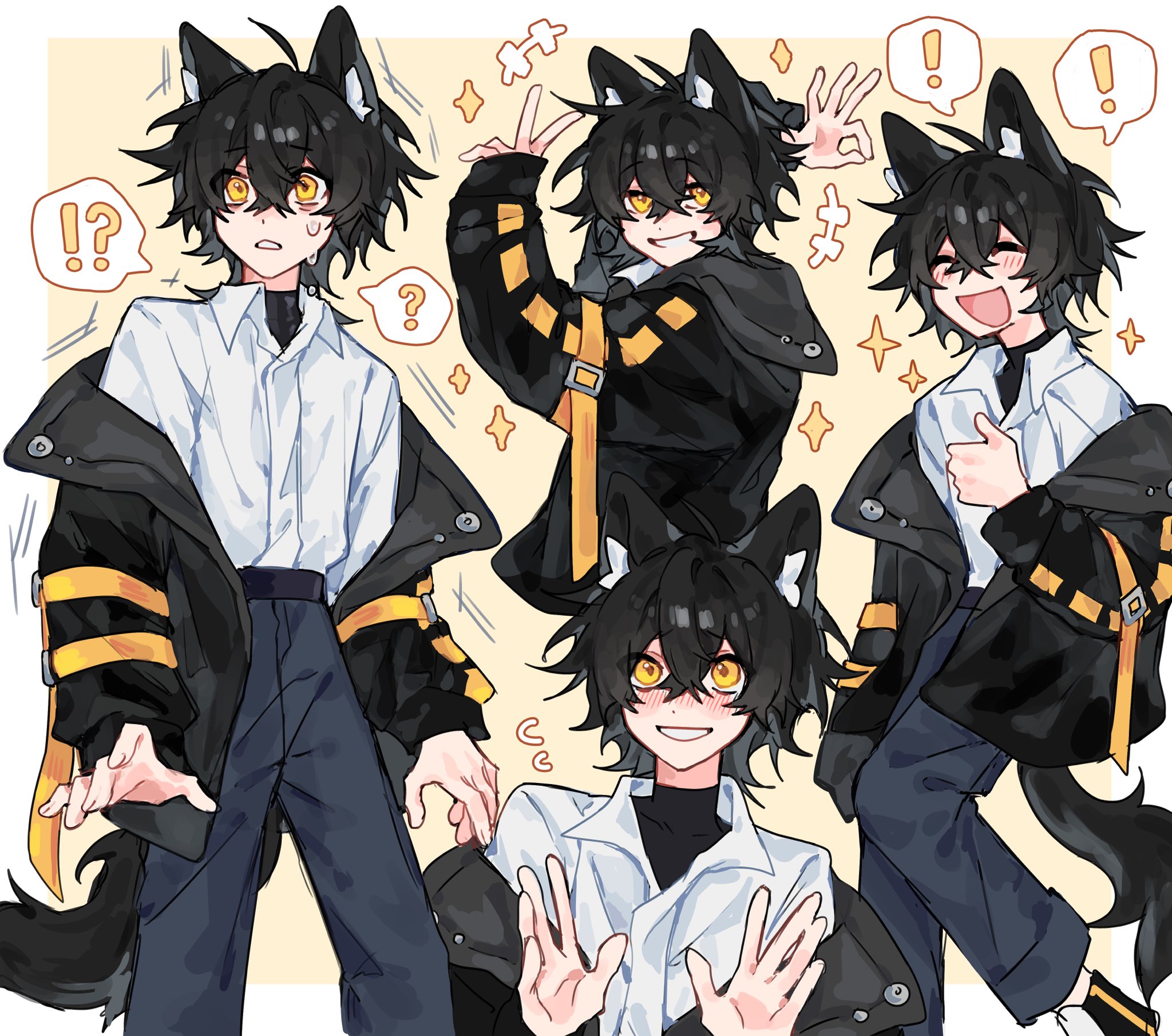 original, animal request, character request, check animal, check copyright, check gender, commentary, copyright request, english commentary, gender request, highres, !, !?, +++, 1other, ?, ^ ^, ahoge, animal ear fluff, animal ears, arms up, belt, black belt, black hair, black jacket, black shirt, black shoes, blue pants, blush, clenched teeth, closed eyes, crossed bangs, flying sweatdrops, from side, gold armband, grin, hair between eyes, jacket, jacket partially removed, messy hair, motion lines, multiple views, nose blush, nozuuw, ok sign, open mouth, pants, shirt, shoes, short hair, sleeves past wrists, smile, sparkle, speech bubble, spoken exclamation mark, spoken interrobang, spoken question mark, surprised, sweatdrop, tail, teeth, thumbs up, undershirt, v, white shirt, wolf ears, wolf tail, yellow eyes