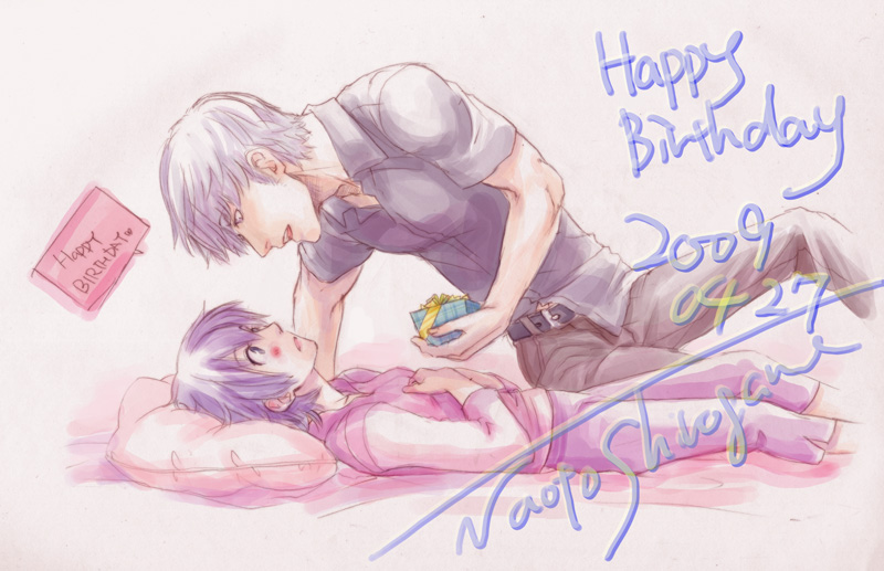 mizuno (hal0527), narukami yu, shirogane naoto, atlus, persona, persona 4, bad id, bad pixiv id, 1boy, 1girl, androgynous, birthday, casual, couple, gift, hetero, reverse trap
