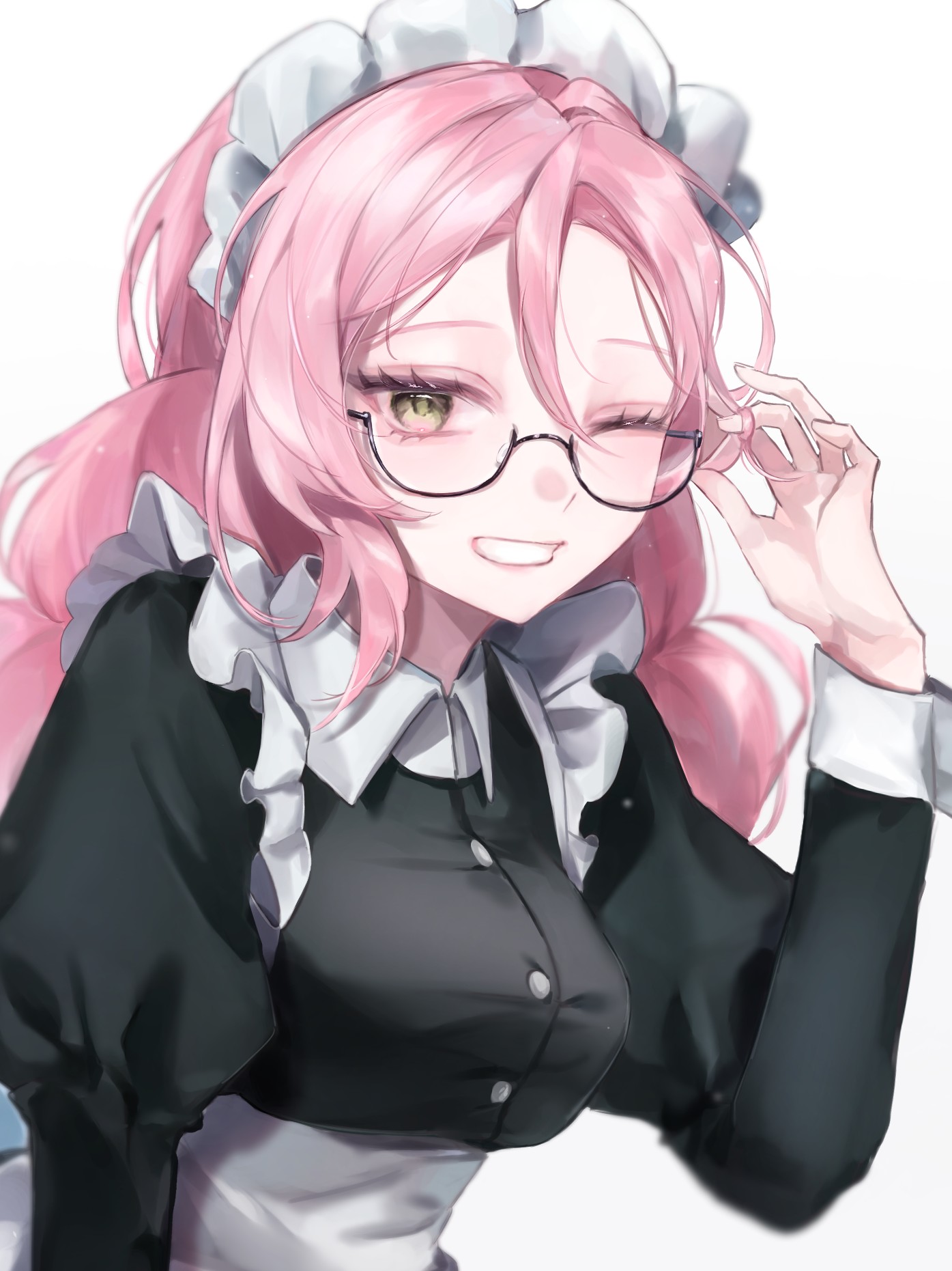 moruru 08, mizi (alien stage), alien stage, highres, 1girl, adjusting eyewear, apron, black dress, breasts, dress, finger on eyewear, glasses, juliet sleeves, long hair, long sleeves, maid, maid headdress, official alternate costume, one eye closed, pink hair, puffy sleeves, semi-rimless eyewear, sleeve cuffs, smile, solo, twirling hair, upper body, white apron, yellow eyes