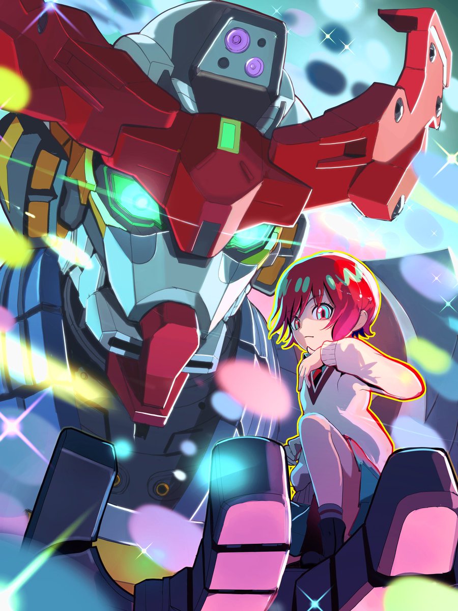 nekoita, amate yuzuriha, gquuuuuux, gundam, gundam gquuuuuux, commentary request, highres, 1girl, aqua eyes, aqua shirt, aqua skirt, black boots, boots, closed mouth, glowing, glowing eyes, green eyes, grey socks, hand up, in palm, looking at viewer, mecha, mobile suit, multicolored eyes, necktie, red eyes, red hair, red necktie, robot, school uniform, shirt, short hair, skirt, socks, sparkle, squatting, sweater, two-tone eyes, white sweater