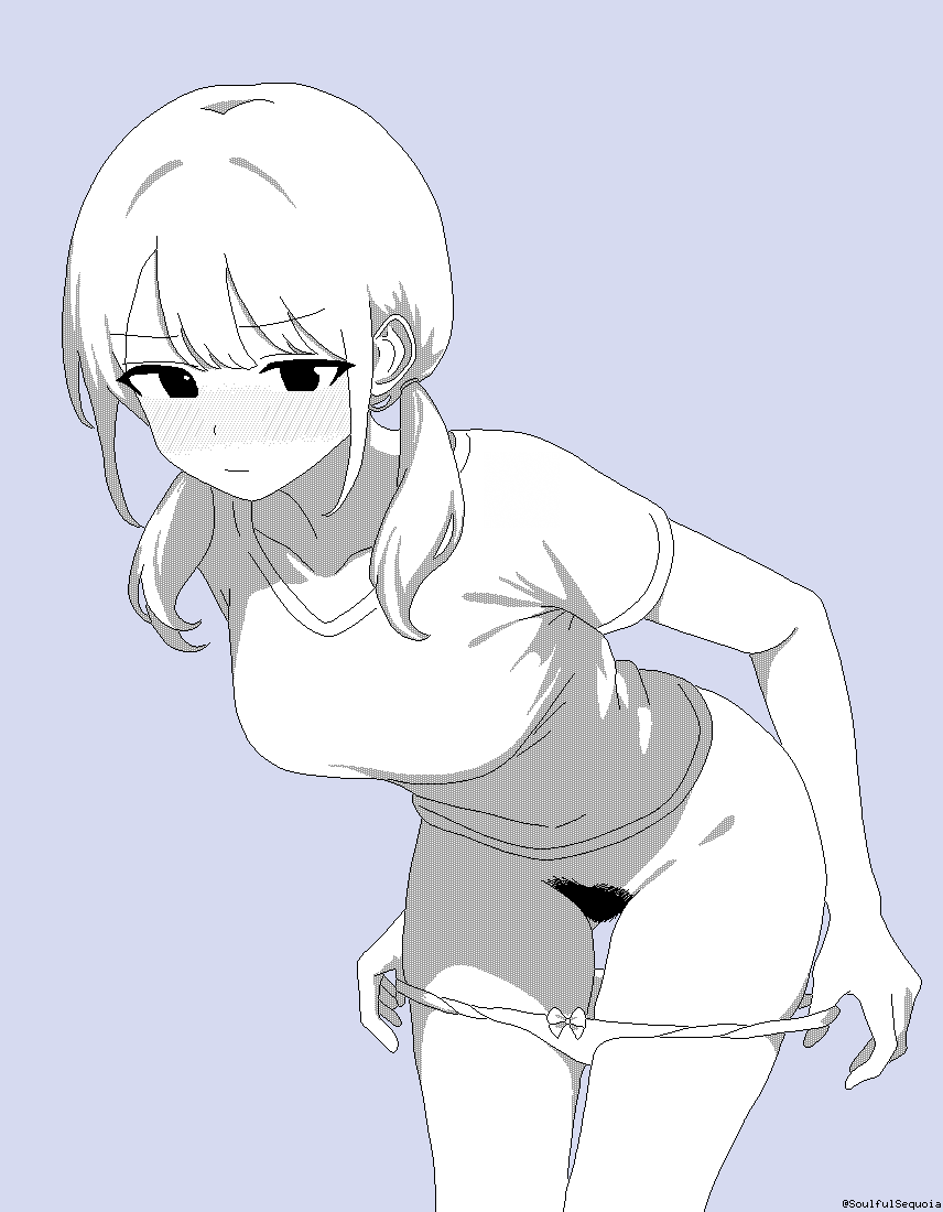 soulfull sequoia, original, 1girl, blue background, blunt bangs, blush, bow, bow panties, breasts, closed mouth, cowboy shot, dot nose, double-parted bangs, embarrassed, greyscale with colored background, hair between eyes, large breasts, leaning forward, lineart, monochrome, nose blush, panties, panty pull, pixel art, pubic hair, shirt, short hair, sidelocks, simple background, solo, twintails, twitter username, underwear