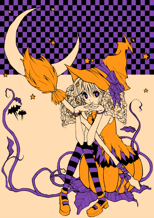 mutsuki futako, mutsukifutako (pixiv), original, bad id, bad pixiv id, 1girl, bat (animal), broom, crescent moon, female focus, hat, long hair, moon, pantyhose, pumpkin, purple eyes, purple pantyhose, smile, solo, striped clothes, striped pantyhose, witch, witch hat