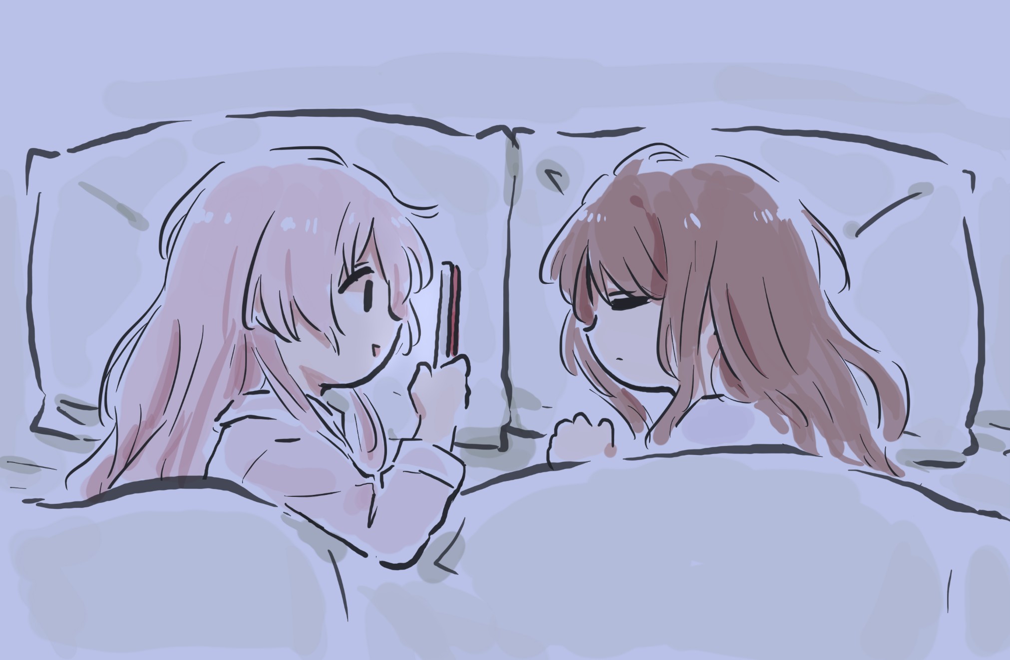 lyy, chihaya anon, nagasaki soyo, bang dream!, bang dream! it's mygo!!!!!, commentary, highres, 2girls, brown hair, cellphone, closed mouth, holding, holding phone, long hair, multiple girls, open mouth, pajamas, phone, pillow, pink hair, pink shirt, shirt, sidelocks, sleeping, smartphone, taking picture, upper body