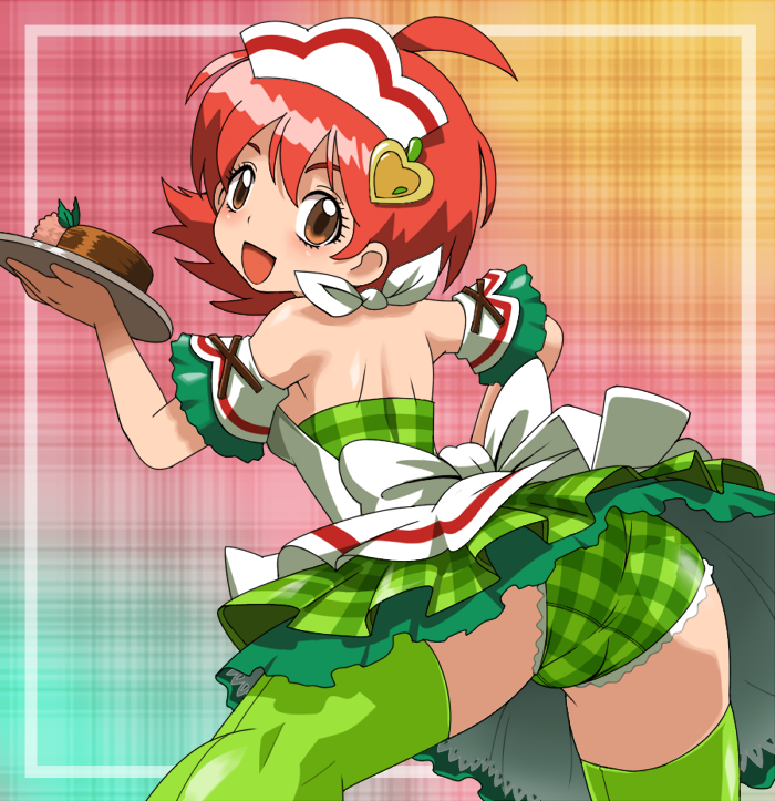 hun (uyonis), kougyoku rinko, jewelpet, jewelpet (series), bad id, bad pixiv id, 00s, 1girl, ahoge, ass, back, blush, brown eyes, dress, flat chest, food, from behind, green dress, green panties, green skirt, green theme, green thighhighs, hair ornament, hairband, happy, heart, looking back, orange eyes, panties, pantyshot, plaid clothes, plaid dress, rainbow background, red hair, short dress, short hair, skirt, smile, thighhighs, tray, underwear, upskirt, waitress