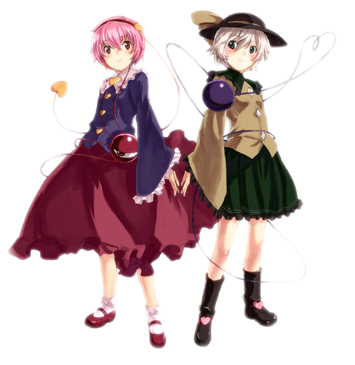 kirisato itsuki, komeiji koishi, komeiji satori, touhou, silver hair, 2girls, back-to-back, blush, bob cut, boots, dress, female focus, green eyes, hair ornament, hairband, hat, heart, miniskirt, multiple girls, pink hair, red eyes, shoes, short hair, siblings, sidelocks, simple background, sisters, skirt, socks, standing, symmetrical hand pose