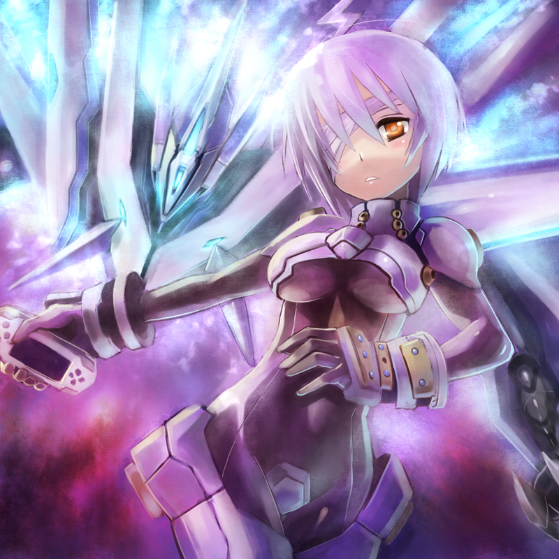 edobox, pixiv robot wars, 1girl, bodysuit, eyepatch, female focus, handheld game console, mecha, orange eyes, playstation portable, robot, short hair, solo