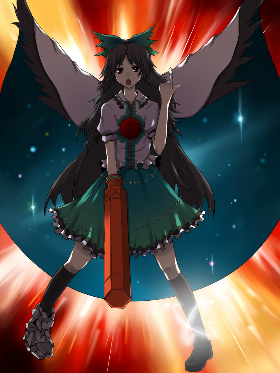 hitoto, reiuji utsuho, touhou, bad id, bad pixiv id, highres, 1girl, :o, arm cannon, black hair, black wings, bow, cape, female focus, hair bow, long hair, open mouth, pointing, red eyes, solo, standing, weapon, wings