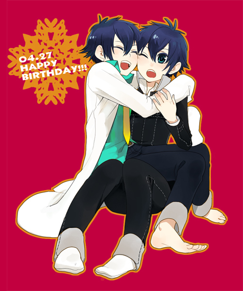 darao, dro, shadow (persona), shirogane naoto, atlus, persona, persona 4, bad id, bad pixiv id, 2girls, androgynous, barefoot, birthday, blue hair, closed eyes, dark persona, dual persona, feet, green eyes, hug, lab coat, multiple girls, one eye closed, open mouth, reverse trap, short hair, sitting, sitting on lap, sitting on person, smile, socks, wink