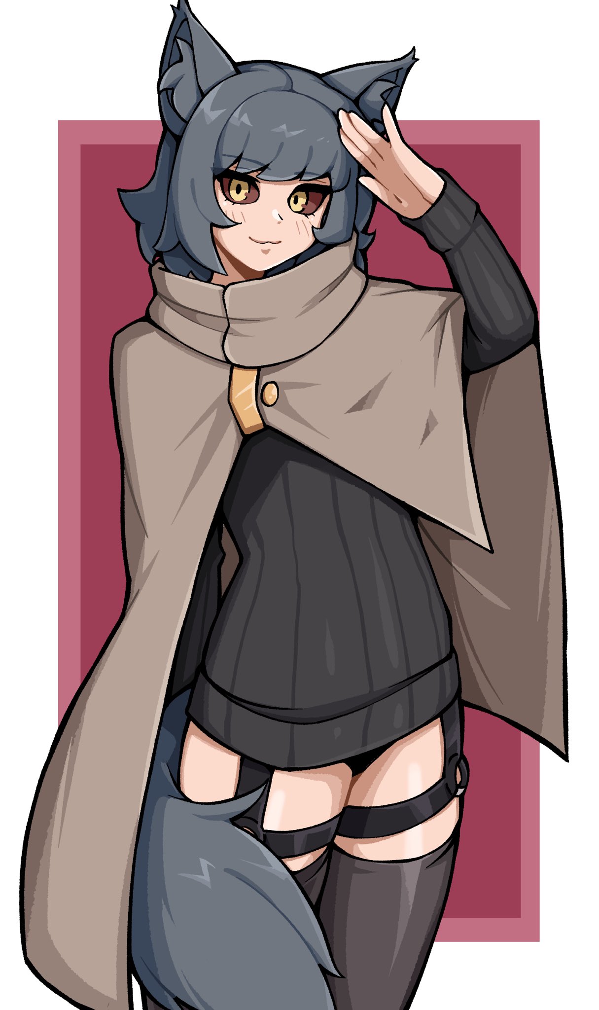 oninuer, original, commentary, commission, english commentary, highres, 1girl, animal ear fluff, animal ears, black sweater, black thighhighs, border, brown cape, cape, cat ears, cat girl, closed mouth, colored sclera, cowboy shot, grey hair, hand up, long sleeves, looking at viewer, outside border, red background, red sclera, short hair, smile, solo, sweater, swept bangs, thighhighs, white border, yellow eyes