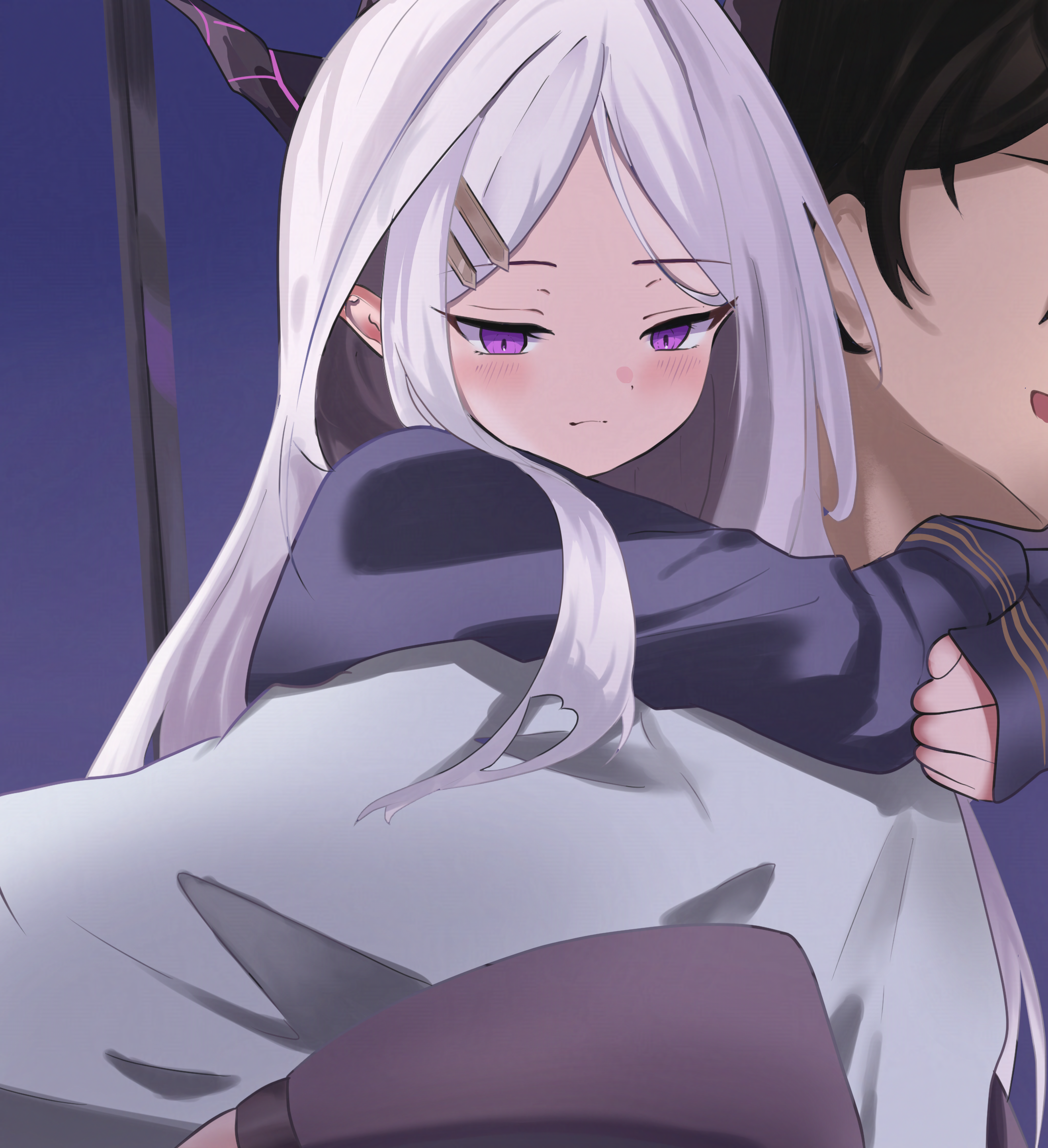 siegs wurm, hina (blue archive), sensei (blue archive), blue archive, highres, 1boy, 1girl, blush, demon girl, demon horns, horns, indoors, long hair, purple eyes, very long hair, white hair