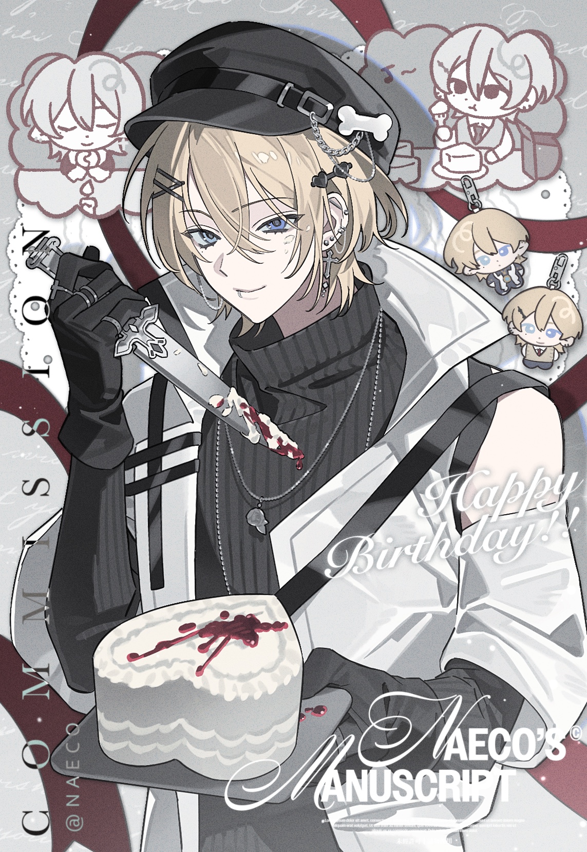 evodtonaeco, original, highres, 1boy, birthday, black gloves, black hat, black sweater, blonde hair, blood, blue eyes, bow, cake, chibi, chibi inset, earrings, elbow gloves, english text, food, fork, gloves, hair between eyes, hair ornament, hairclip, happy birthday, hat, holding, holding cake, holding food, holding knife, jacket, jewelry, knife, looking at viewer, male focus, necklace, open clothes, open jacket, plate, short hair, smile, solo, sweater, turtleneck, turtleneck sweater, upper body, white jacket