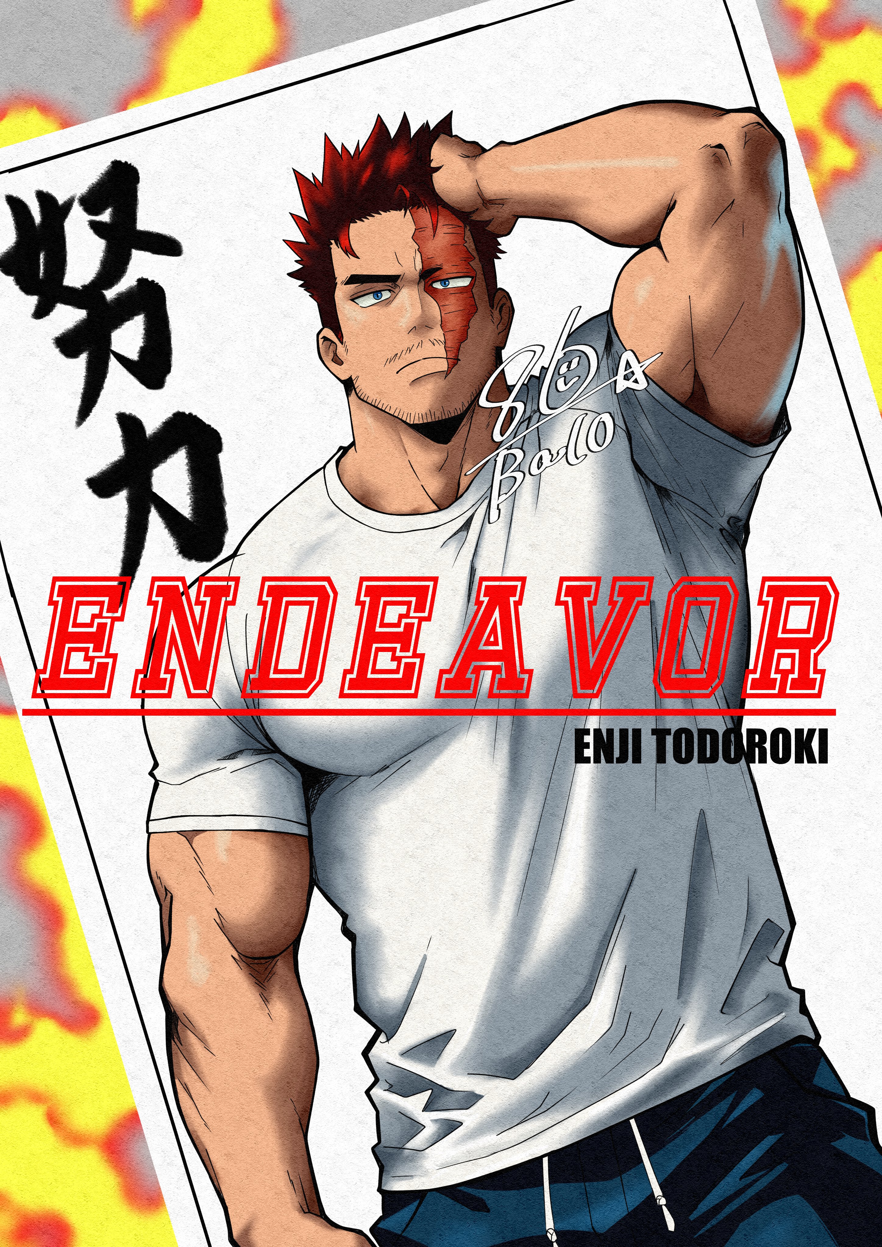 balo dqx ff14, endeavor (boku no hero academia), boku no hero academia, absurdres, highres, 1boy, bara, beard stubble, blue eyes, cowboy shot, facial hair, hand in own hair, large pectorals, male focus, mature male, muscular, muscular male, pants, pectorals, red hair, scar, scar across eye, scar on face, shirt, short hair, sideburns, solo, spiked hair, standing, stubble, t-shirt, thick eyebrows, track pants