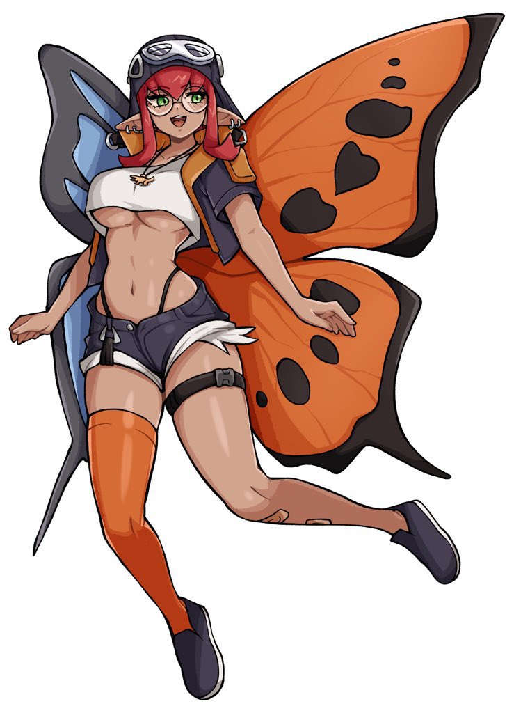 oninuer, original, commentary, commission, english commentary, 1girl, arthropod girl, asymmetrical legwear, bandaid, bandaid on leg, black hat, black jacket, black shoes, black shorts, breasts, butterfly girl, butterfly wings, choppy bangs, cropped shirt, dark-skinned female, dark skin, ear piercing, full body, goggles, goggles on headwear, green eyes, hat, insect wings, jacket, jewelry, large breasts, looking to the side, medium hair, mismatched legwear, necklace, open clothes, open jacket, open mouth, orange thighhighs, oversized wings, panty straps, piercing, pointy ears, red hair, shirt, shoes, short shorts, short sleeves, shorts, simple background, single thighhigh, smile, solo, thigh strap, thighhighs, underboob, white background, white shirt, wings