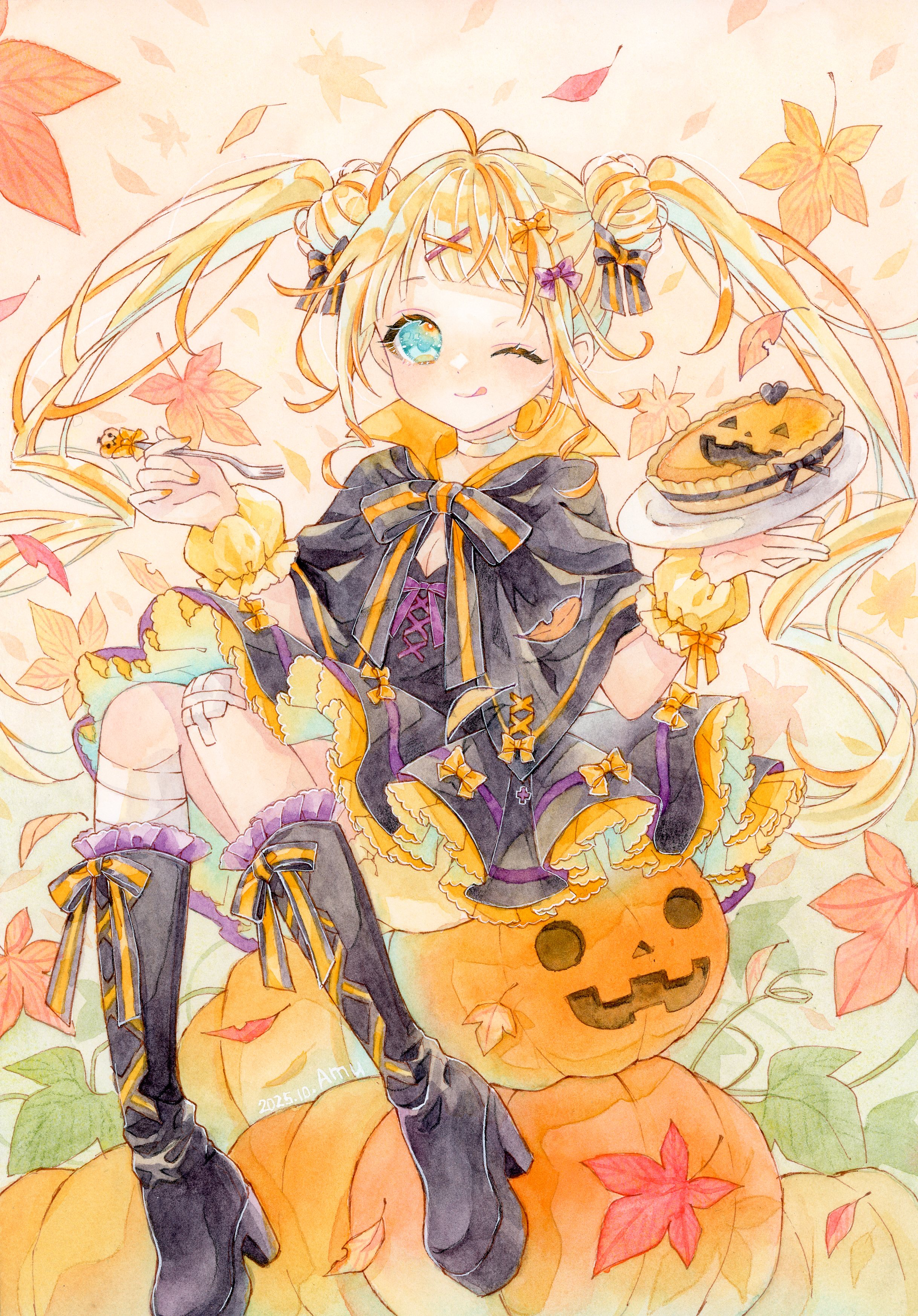 amu (m aa), original, absurdres, highres, painting (medium), traditional media, watercolor (medium), 1girl, antenna hair, aqua eyes, artist name, bandaged leg, bandages, bandaid, bandaid on knee, bandaid on leg, black boots, black bow, black dress, blonde hair, blunt bangs, boots, bow, breasts, cleavage, dated, dot nose, double bun, dress, food, footwear bow, fork, frilled dress, frills, full body, green leaf, hair bow, hair bun, hair ornament, hairclip, halloween, holding, holding fork, holding plate, jack-o'-lantern, layered dress, leaf, maple leaf, nail polish, one eye closed, orange leaf, orange nails, orange theme, pie, plate, puffy wrist cuffs, pumpkin, pumpkin pie, purple bow, sidelocks, signature, sitting, solo, tongue, tongue out, twintails, wrist cuffs