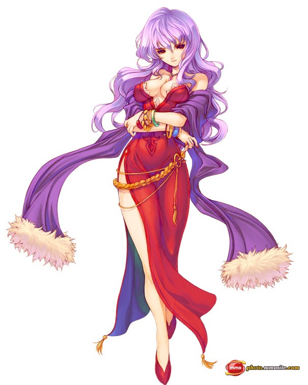 luna online, 1girl, bare shoulders, bracelet, breasts, cleavage, crossed arms, dress, female focus, groin, jewelry, long hair, necklace, purple hair, red dress, scarf, solo