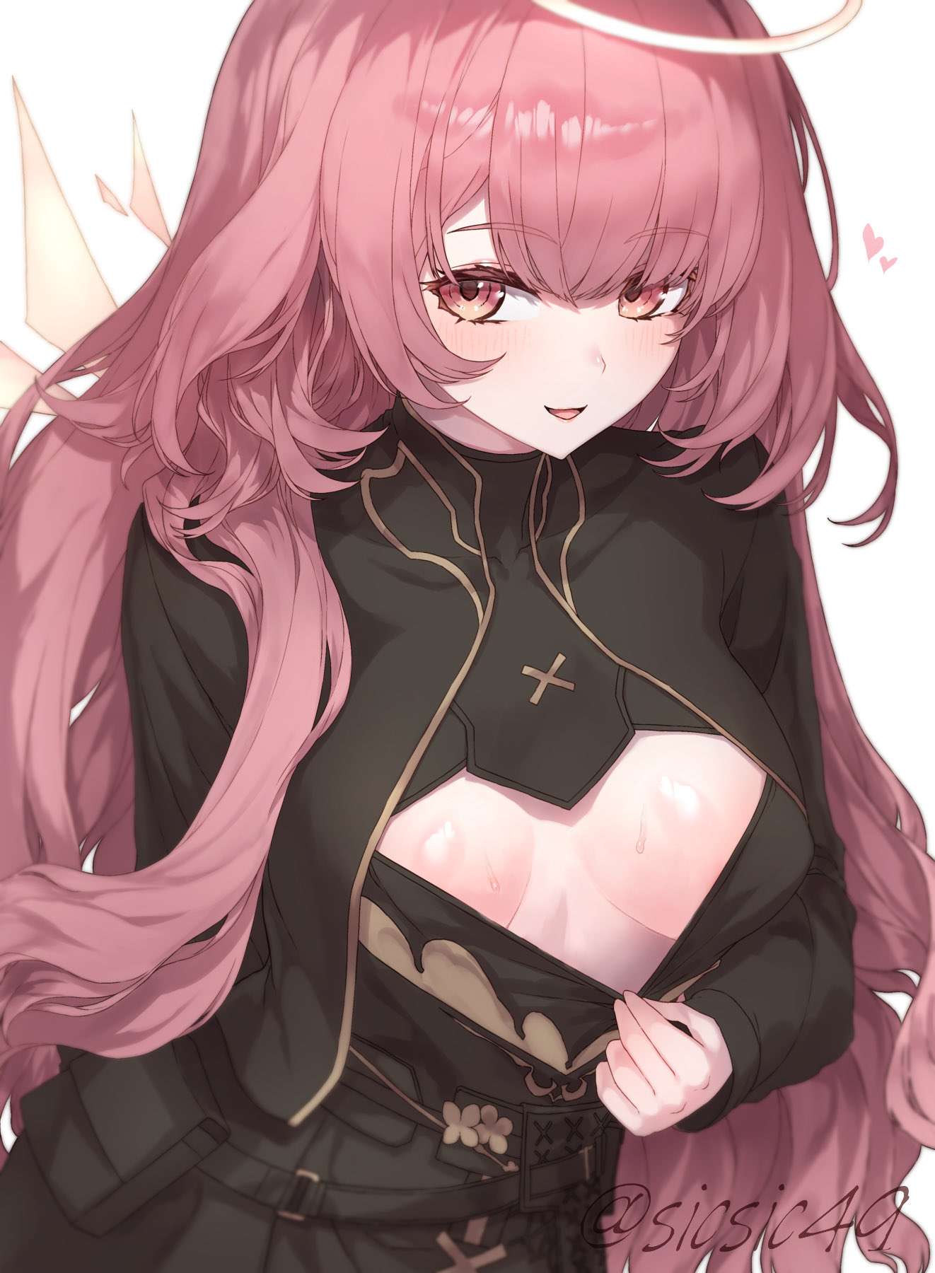 sicsic49, lemuen (arknights), arknights, commentary request, highres, 1girl, angel, black dress, breasts, detached wings, dress, halo, heart, long hair, looking at viewer, medium breasts, pink eyes, pink hair, simple background, smile, solo, teasing, twitter username, very long hair, white background, wings