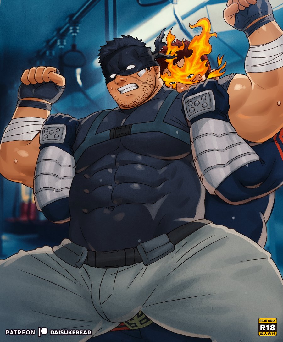 daisukebear, endeavor (boku no hero academia), knuckleduster (boku no hero academia), boku no hero academia, vigilante -boku no hero academia: illegals-, paid reward available, 2boys, bandaid, bara, beard stubble, biceps, bulge, covered abs, covered navel, eye mask, facial hair, feet out of frame, fiery hair, holding another's arm, large bulge, large pectorals, male focus, mask, masked, mature male, multiple boys, muscular, muscular male, pants, pectorals, red hair, restrained, shirt, short hair, solo focus, spiked hair, strongman waist, stubble, sweat, taut clothes, taut shirt, thick thighs, thighs, tight clothes, tight pants, yaoi