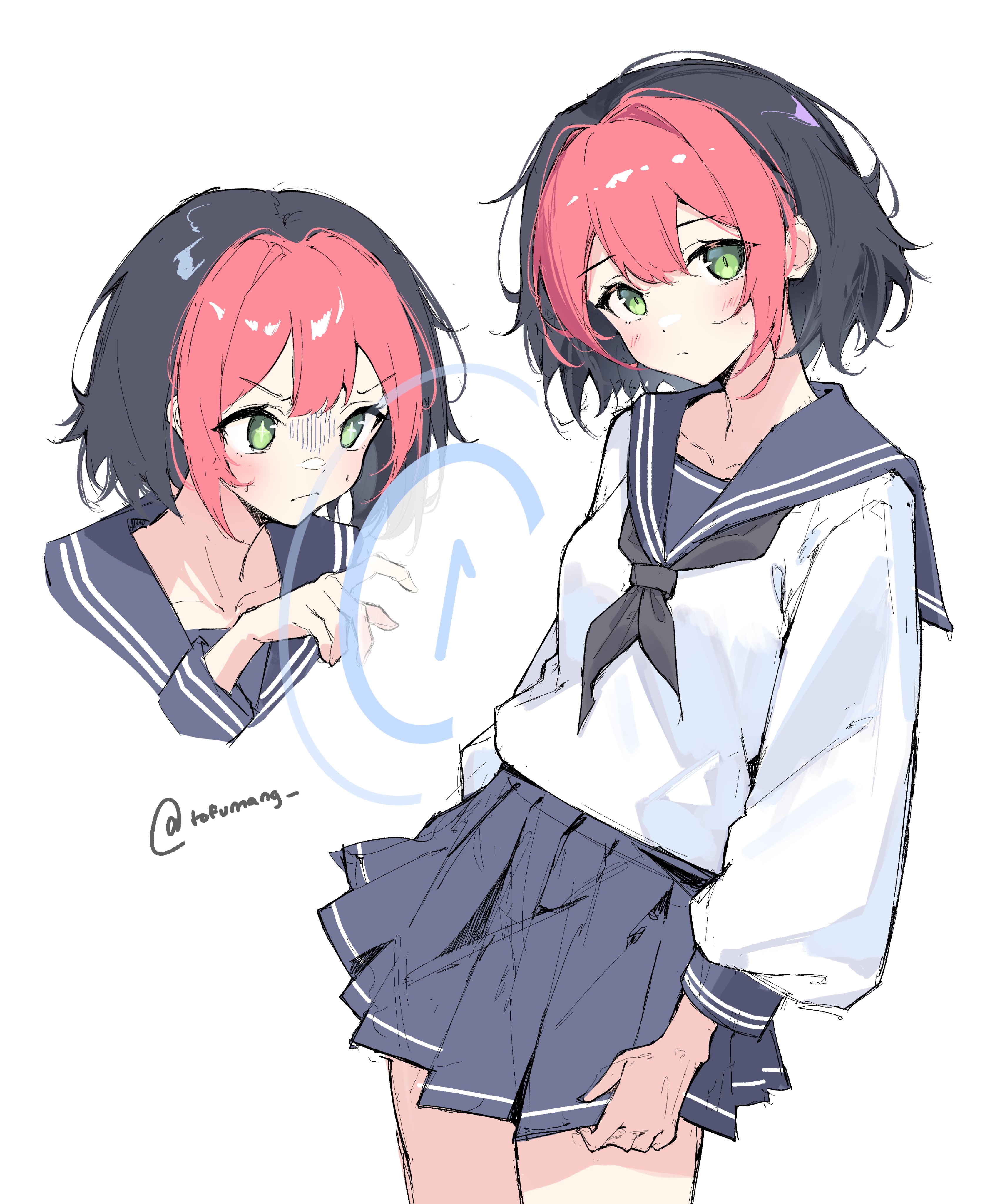 tofumang, pippi (osu!), osu!, absurdres, commentary, hashtag-only commentary, highres, + +, 1girl, black hair, black neckerchief, blue sailor collar, blue skirt, blush, breasts, circle, closed mouth, collarbone, cowboy shot, cropped shoulders, frown, green eyes, long sleeves, looking at viewer, multicolored hair, multiple views, neckerchief, pink hair, pleated skirt, sailor collar, sailor shirt, school uniform, shirt, short hair, simple background, sketch, skirt, small breasts, twitter username, two-tone hair, white background, white shirt