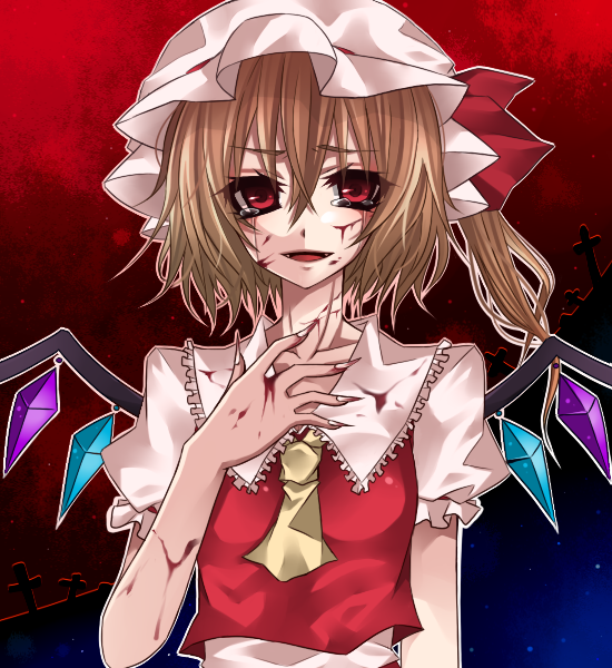 kohime rima, sakurase yuzuru, flandre scarlet, touhou, 1girl, blonde hair, blood, blood on clothes, blood on face, blood on hands, female focus, fingernails, hat, nail (hardware), one side up, ponytail, red eyes, short hair, side ponytail, solo, tears, wings