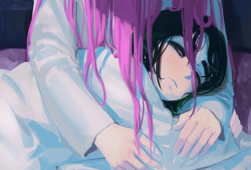 mizi (alien stage), sua (alien stage), alien stage, commentary, english commentary, 2girls, black hair, dress, lap pillow, long hair, long sleeves, multiple girls, pink hair, purple eyes, valerie vie01, white dress