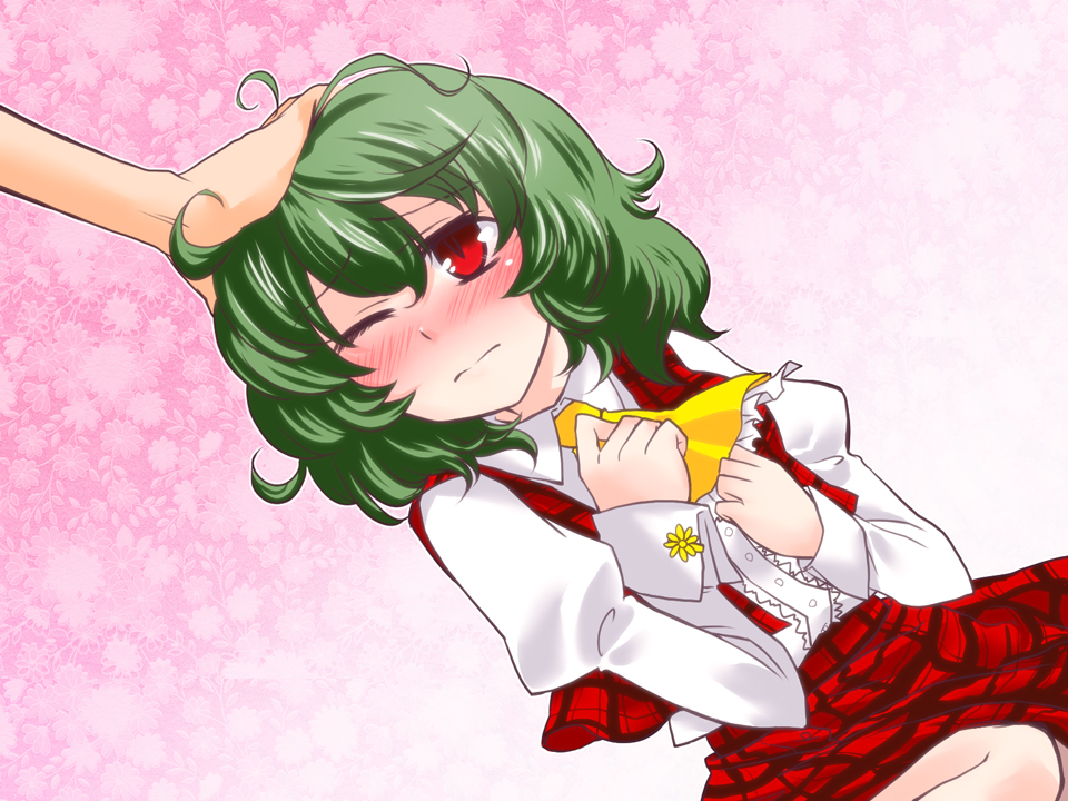 myama, kazami yuuka, touhou, bad id, bad pixiv id, 1girl, ascot, blush, dutch angle, female focus, green hair, head pat, headpat, messy hair, one eye closed, plaid clothes, plaid skirt, plaid vest, red eyes, short hair, skirt, skirt set, slit pupils, solo focus, vest, wince, wink