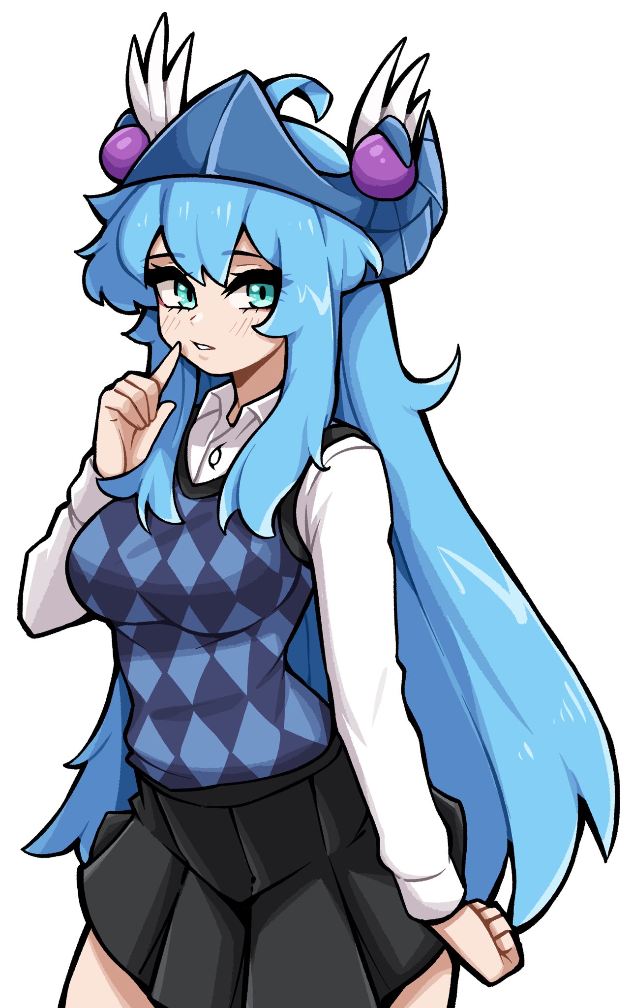 oninuer, original, commentary, commission, english commentary, highres, 1girl, black skirt, blue eyes, blue hair, blue sweater vest, breasts, collared shirt, cowboy shot, double-parted bangs, finger to mouth, hand up, large breasts, long hair, long sleeves, looking at viewer, miniskirt, parted lips, shirt, simple background, skirt, solo, sweater vest, white background, white shirt