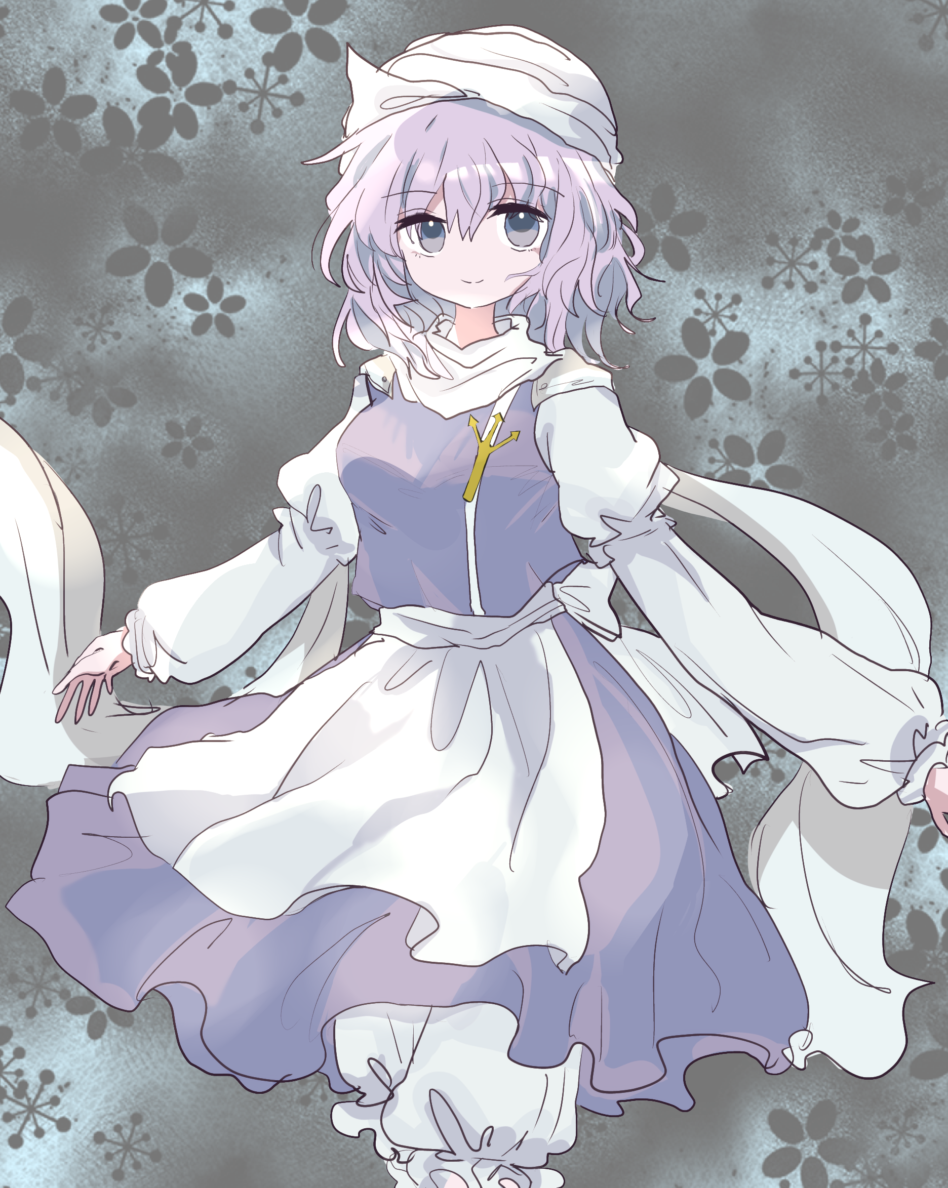 zabuton (mgdw5574), letty whiterock, touhou, commentary, highres, 1girl, apron, bloomers, breasts, hat, long sleeves, looking at viewer, medium breasts, medium hair, patterned background, puffy long sleeves, puffy sleeves, purple hair, purple skirt, purple vest, scarf, shirt, skirt, skirt set, smile, solo, underwear, vest, waist apron, white apron, white bloomers, white hat, white scarf, white shirt