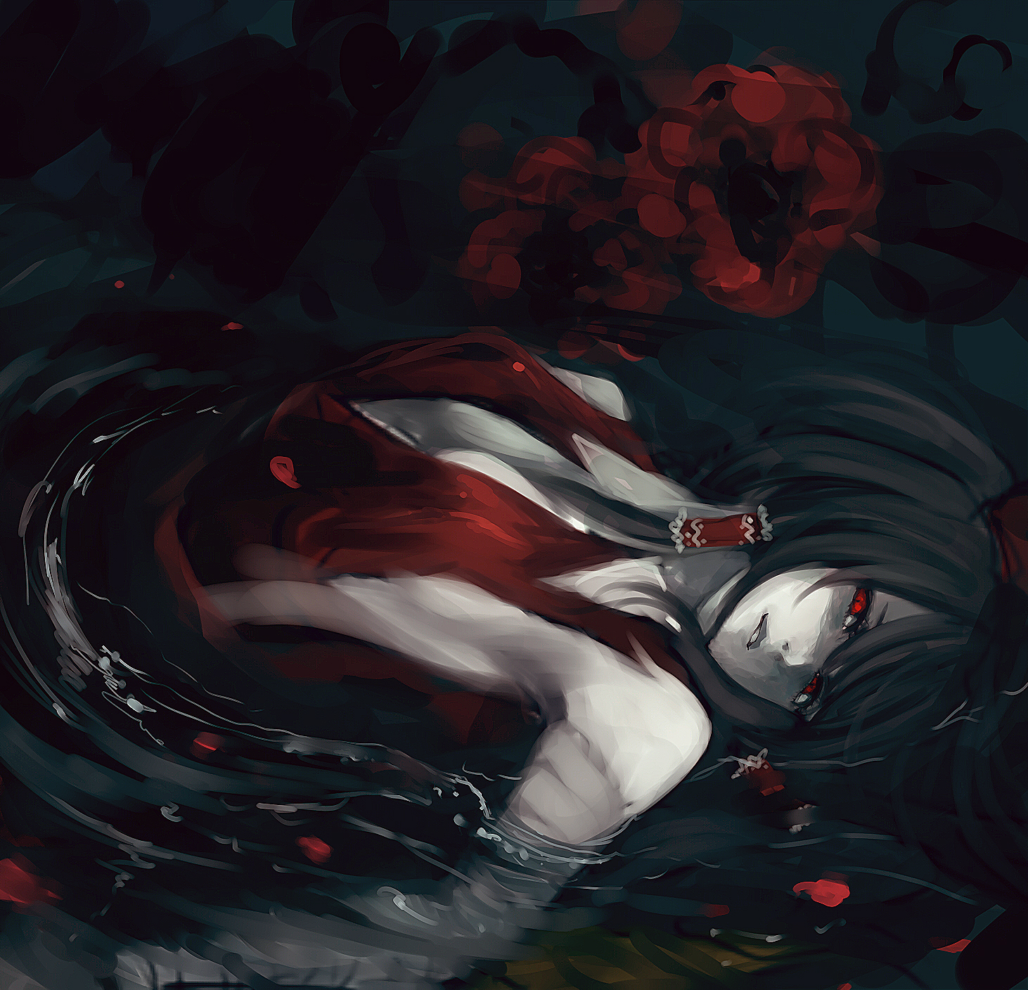 minase (mmakina), hakurei reimu, touhou, bad id, bad pixiv id, highres, 1girl, bow, breasts, brown hair, dark, female focus, flower, hair bow, hair ornament, hair ribbon, lying, pale skin, petals, red eyes, ribbon, smile, solo, water